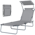 Outdoor Lounge Chair, Adjustable Folding Chaise Lounge, Tanning Chair with Sun Shade for Beach, Camping, Hiking, Backyard, Light Grey