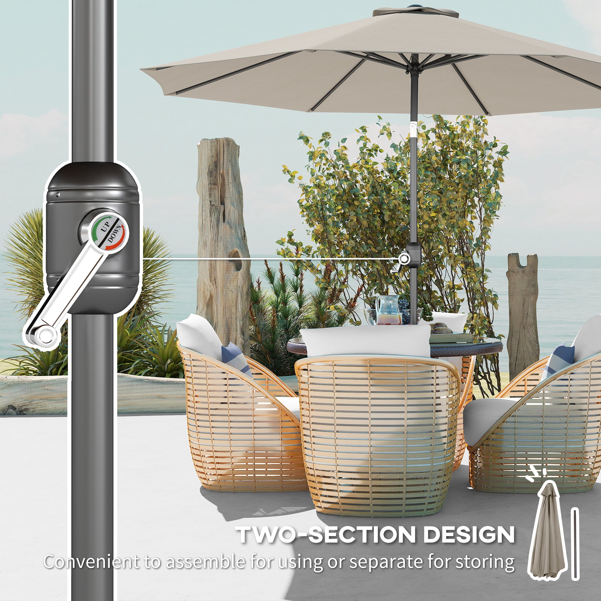 10' x 8' Round Market Umbrella, Patio Umbrella with Crank Handle and Tilt, Outdoor Parasol for Garden, Bench, Lawn, Light Grey