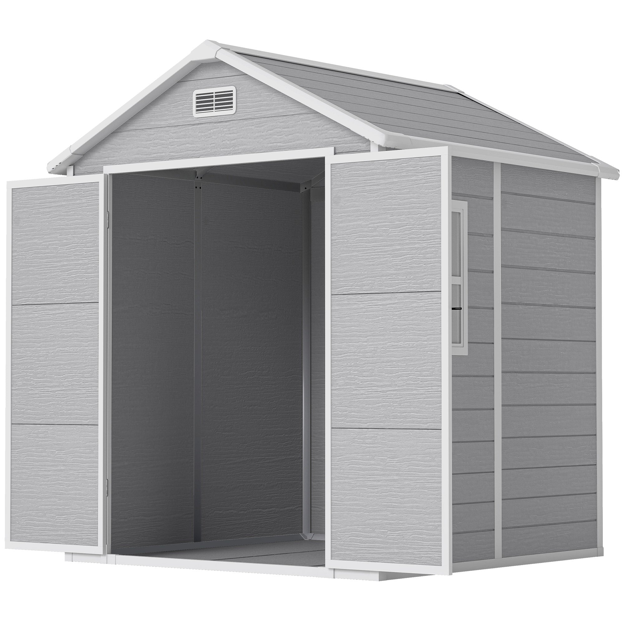 6x5 Plastic Garden Storage Shed with Floor Window Lockable Doors and Vents Outdoor Wood Effect Grey