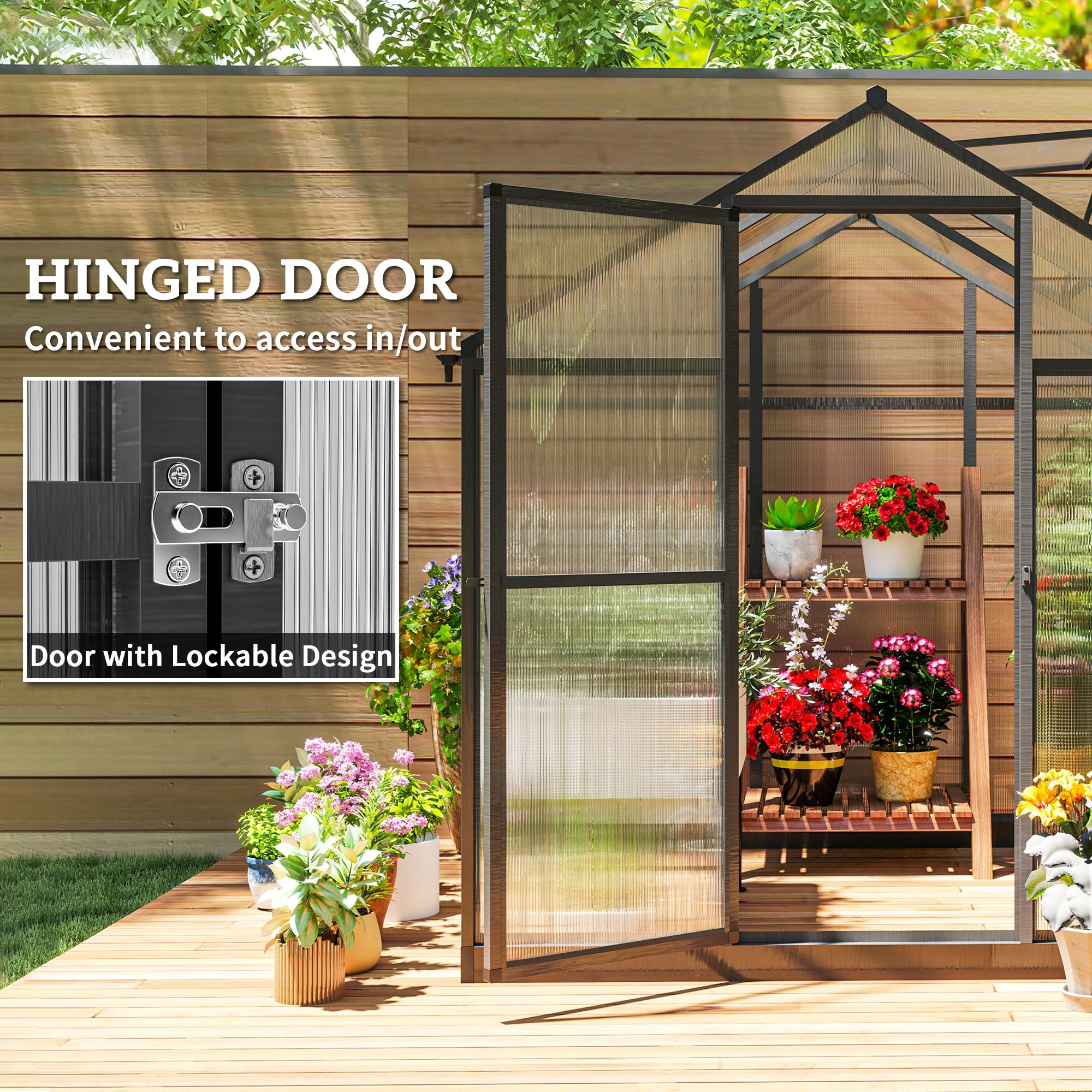 6' x 8' x 6.4' Polycarbonate Greenhouse, Aluminum Walk-In Green House Kit Garden, Plants Grow with Rain Gutter and Roof Vent, Charcoal Grey