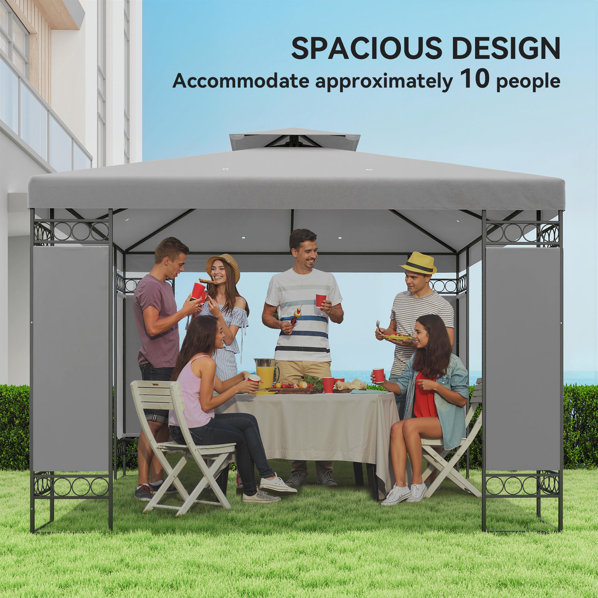10' x 10' Canopy Gazebo, Double Roof Patio Gazebo with Screen Panels and Metal Frame for Deck, Backyard, Light Grey