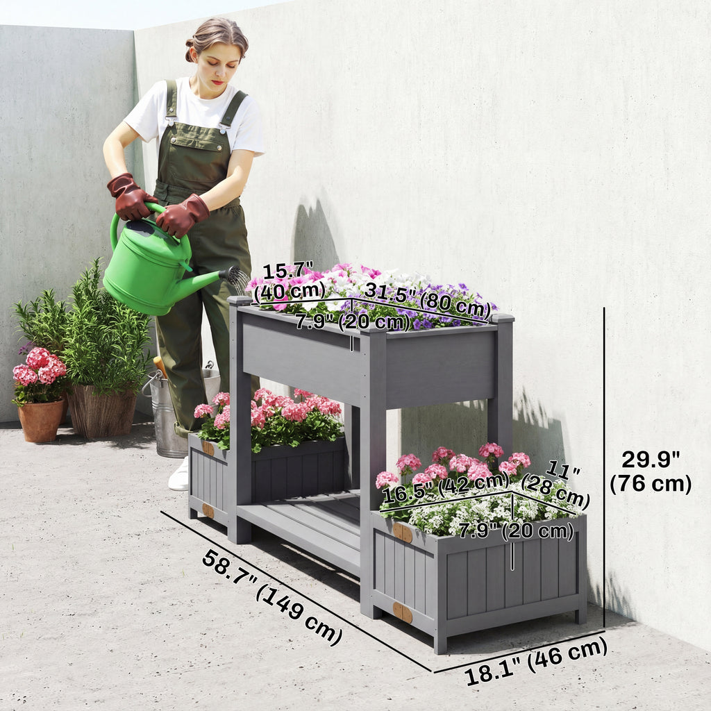 Wooden Raised Garden Bed with 2 Foldable Side Pots, Raised Planter with Storage Shelf and Drainage Holes