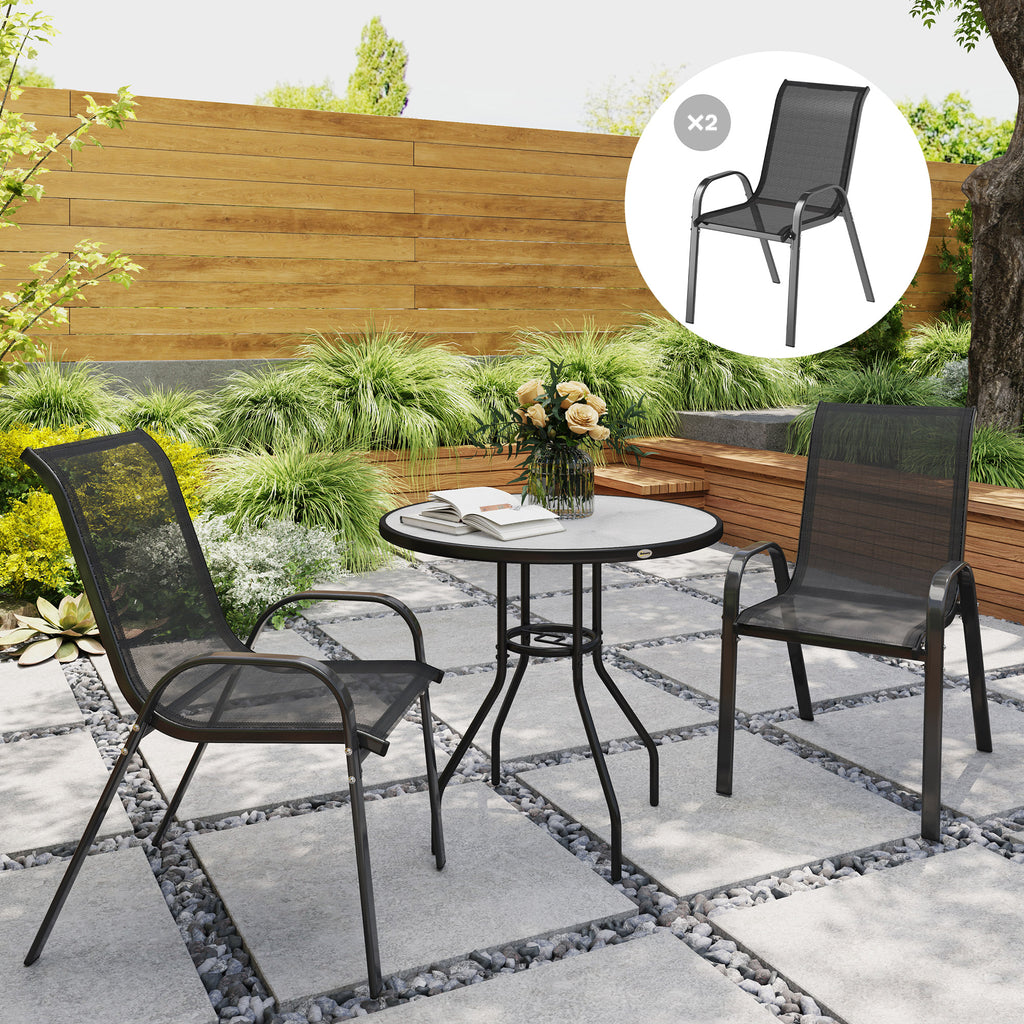 Set of 2 Outdoor Dining Chairs, Stackable Lawn Chairs with High Back, Breathable Mesh Seat for Garden Porch, Black
