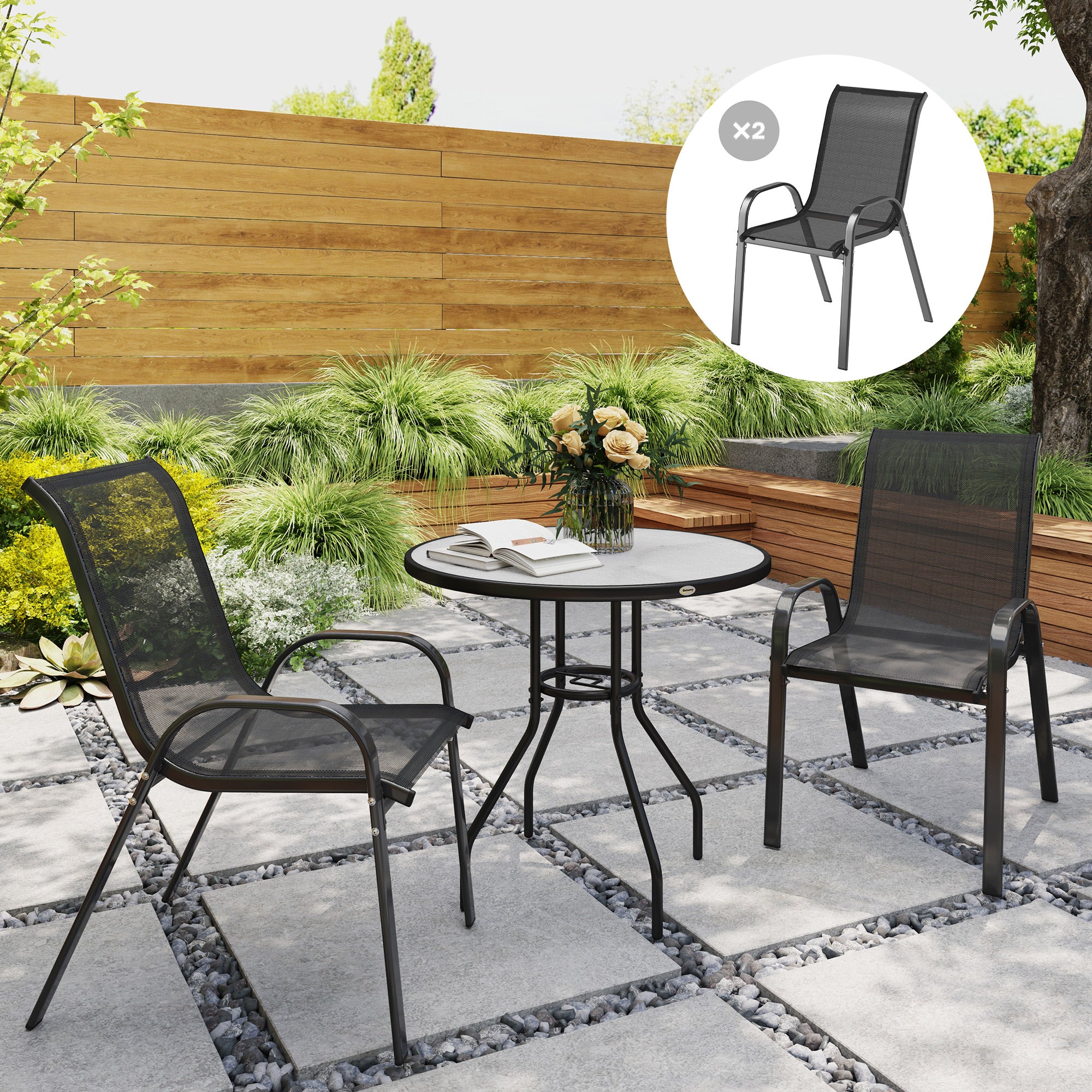 Set of 2 Outdoor Dining Chairs, Stackable Lawn Chairs with High Back, Breathable Mesh Seat for Garden Porch, Black