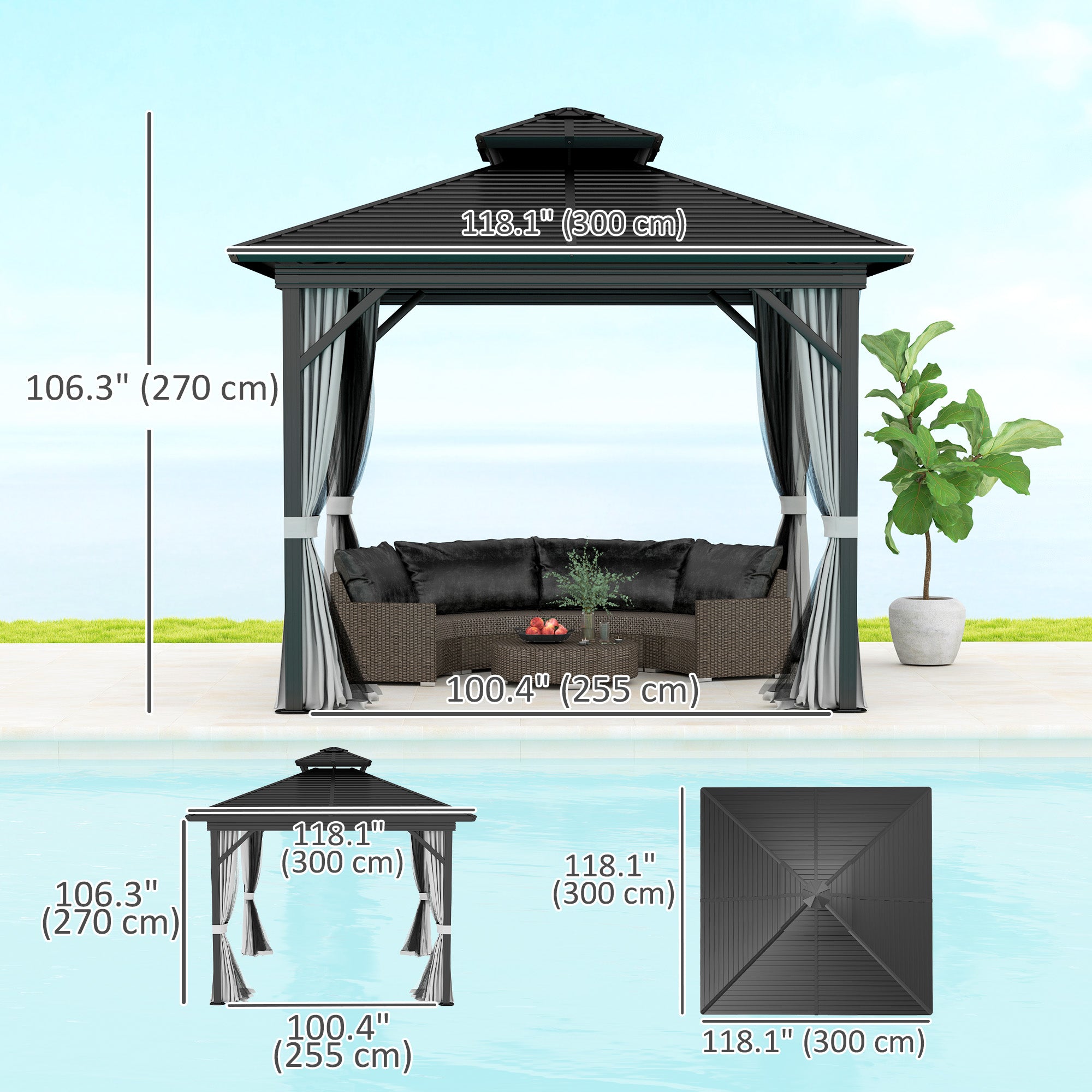 10' x 10' Hardtop Gazebo, Sun Shelter with Double Tier Metal Roof, Mosquito Netting, and Hanging Hook, Light Grey