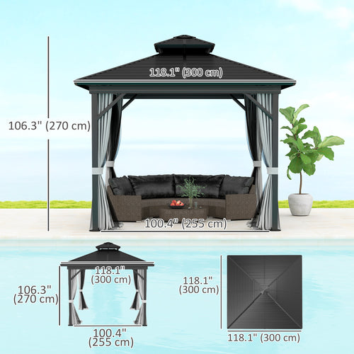 10' x 10' Hardtop Gazebo, Sun Shelter with Double Tier Metal Roof, Mosquito Netting, and Hanging Hook, Light Grey