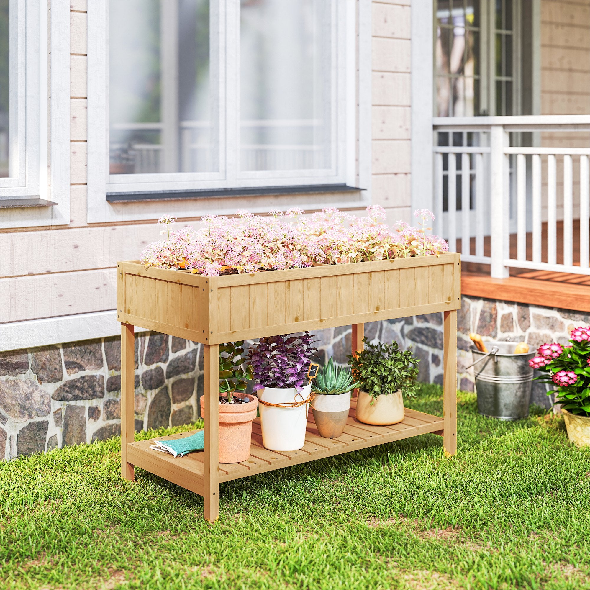 43.25" x 18" x 30" Raised Garden Bed, Wooden Plant Stand with 8 Grid Box, Storage Shelf for Outdoor, Natural Wood Colour