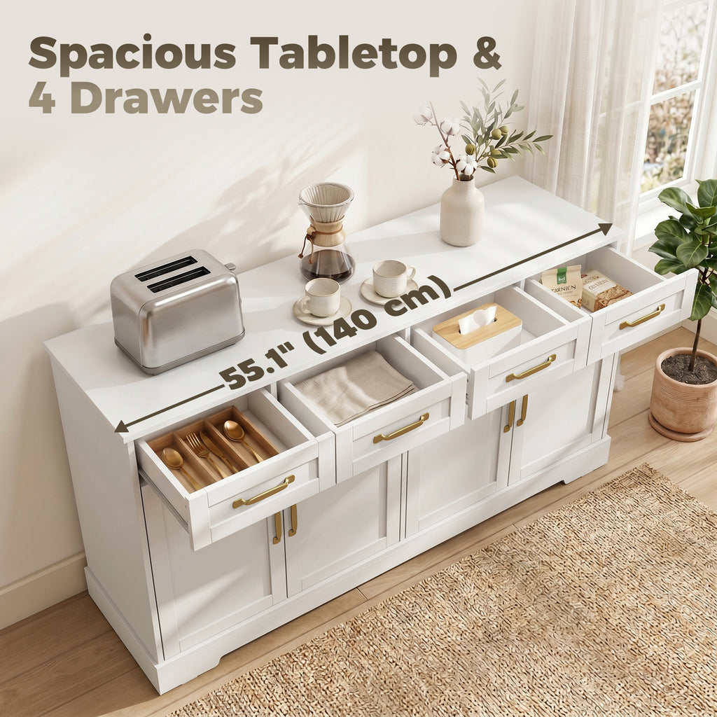 Sideboard Buffet Cabinet, 55" Modern Farmhouse Kitchen Storage Cabinet with 4 Drawers, 4 Doors and 2 Adjustable Shelves