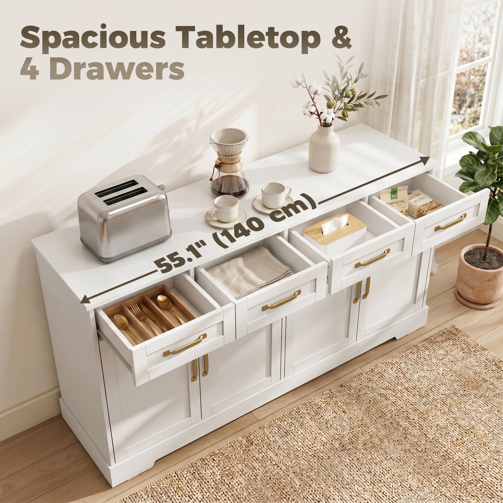 Sideboard Buffet Cabinet, 55" Modern Farmhouse Kitchen Storage Cabinet with 4 Drawers, 4 Doors and 2 Adjustable Shelves