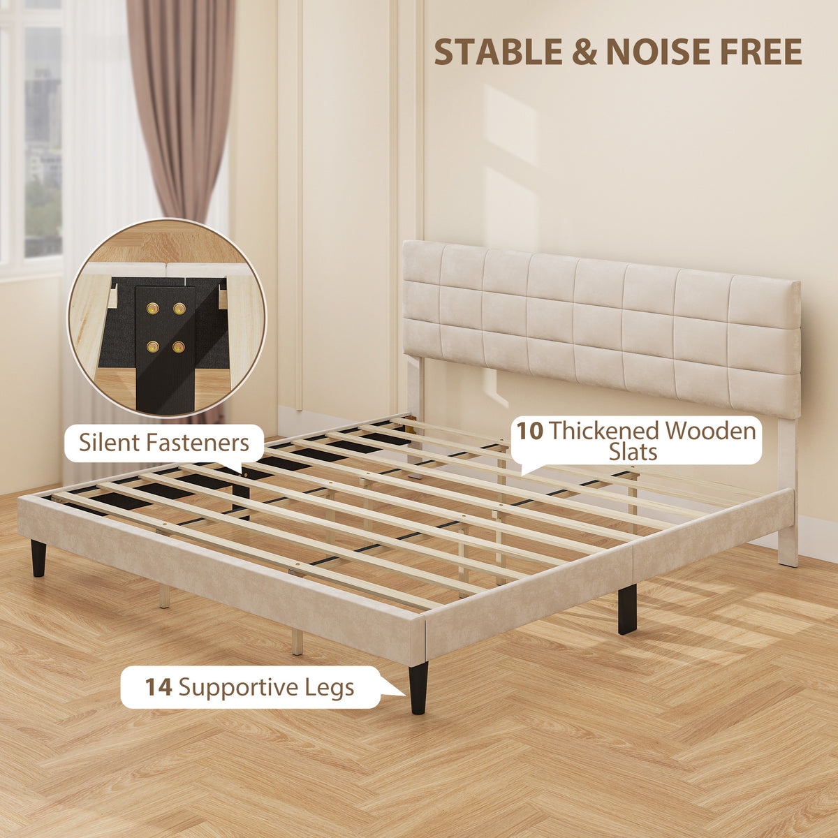 Upholstered king bed frame in cream with modern minimalist design