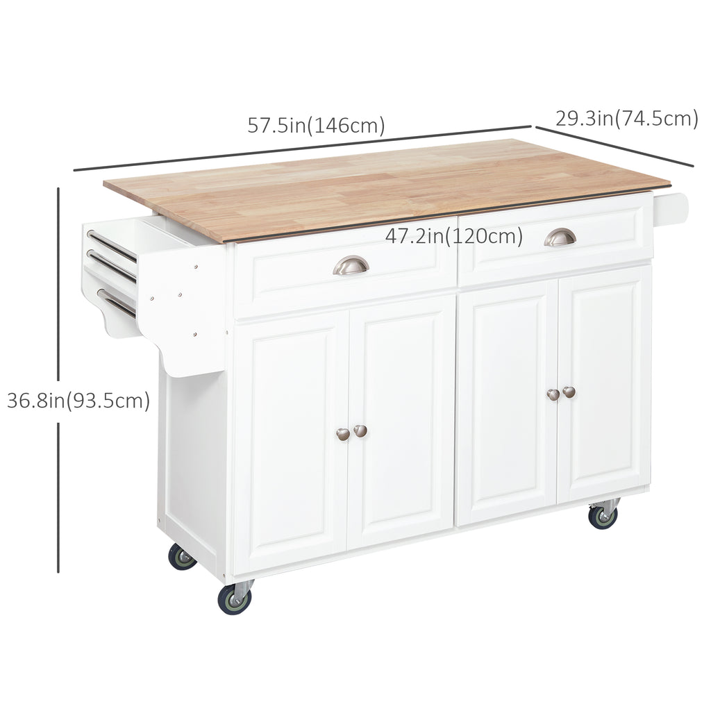Kitchen Island with Storage, Rolling Kitchen Island with Drop Leaf, Rubber Wood Top and Adjustable Shelves, White