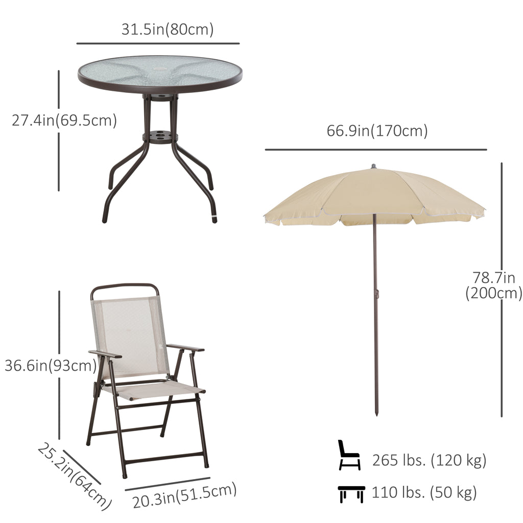 6 Pieces Outdoor Dining Set for 4 with Umbrella Patio Outdoor Furniture Set with Round Table 4 Folding Chairs Cream