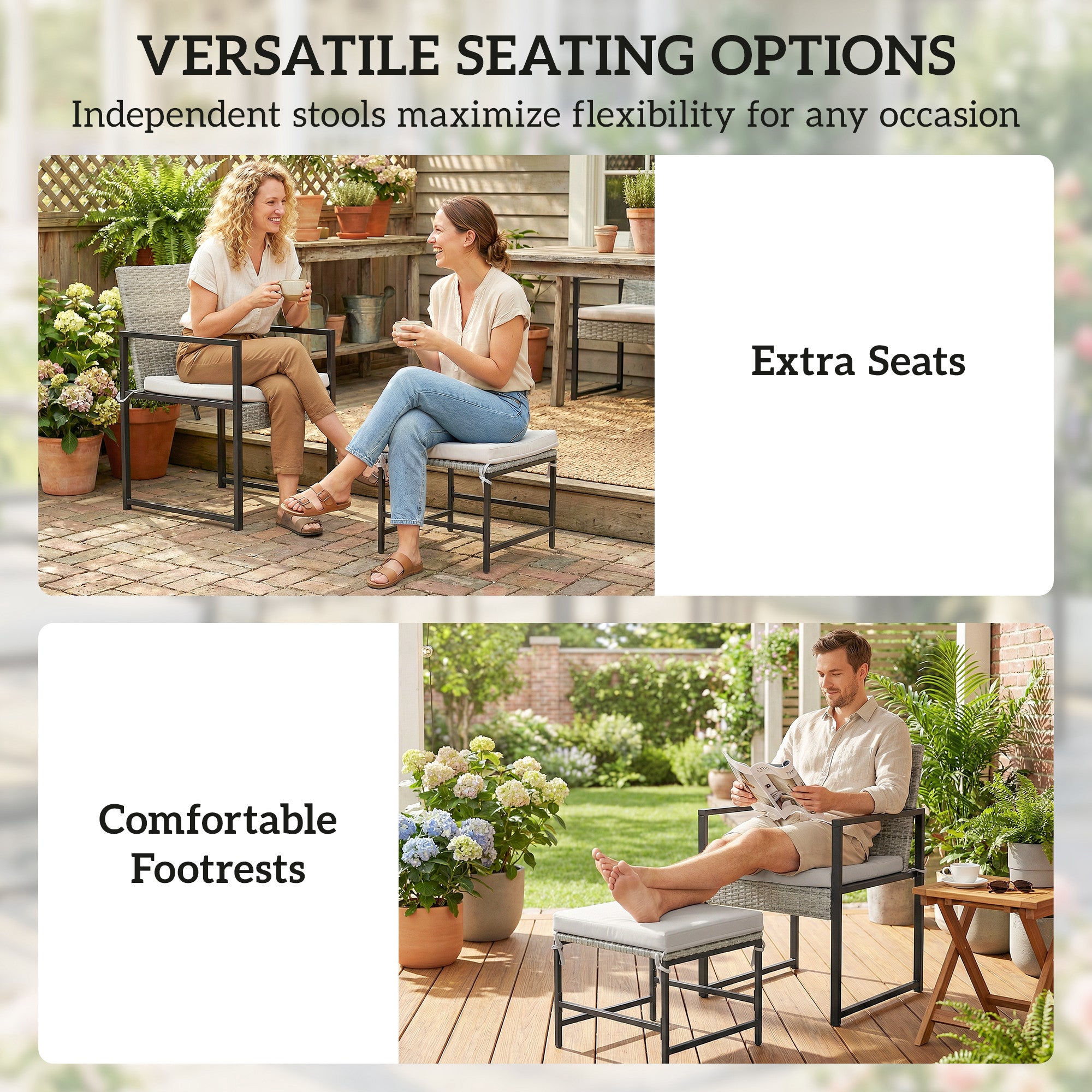 11 Pieces Wicker Patio Dining Set, Rattan Outdoor Furniture Set with 6 Armchairs, 4 Stools, Light Grey
