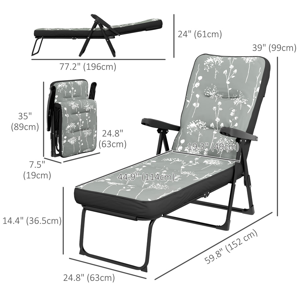 Outdoor Lounge Chair with Padded Cushion, Folding Reclining Patio Garden Chair with Recline Back, Footrest, for Poolside, Patio, Grey