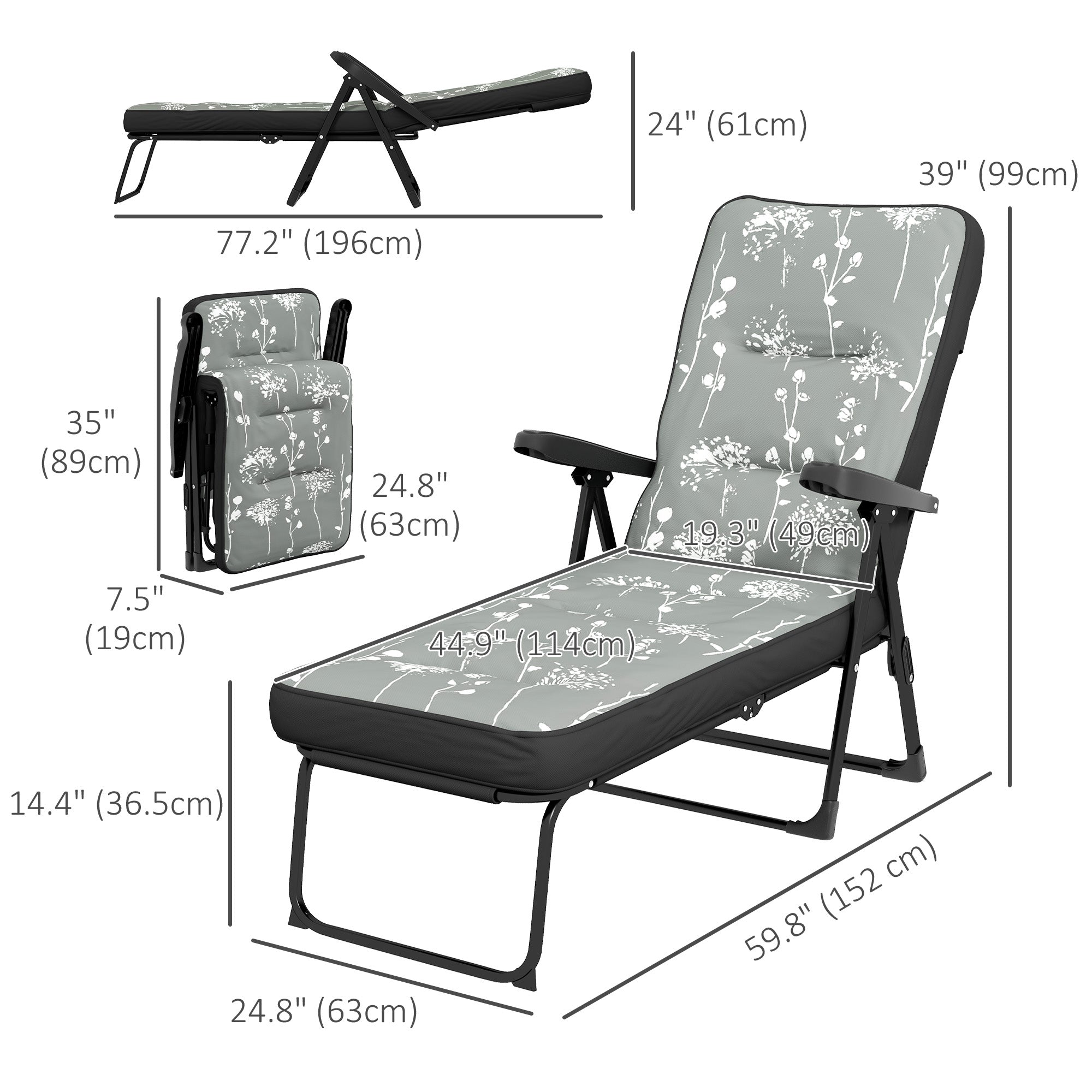 Outdoor Lounge Chair with Padded Cushion, Folding Reclining Patio Garden Chair with Recline Back, Footrest, for Poolside, Patio, Grey