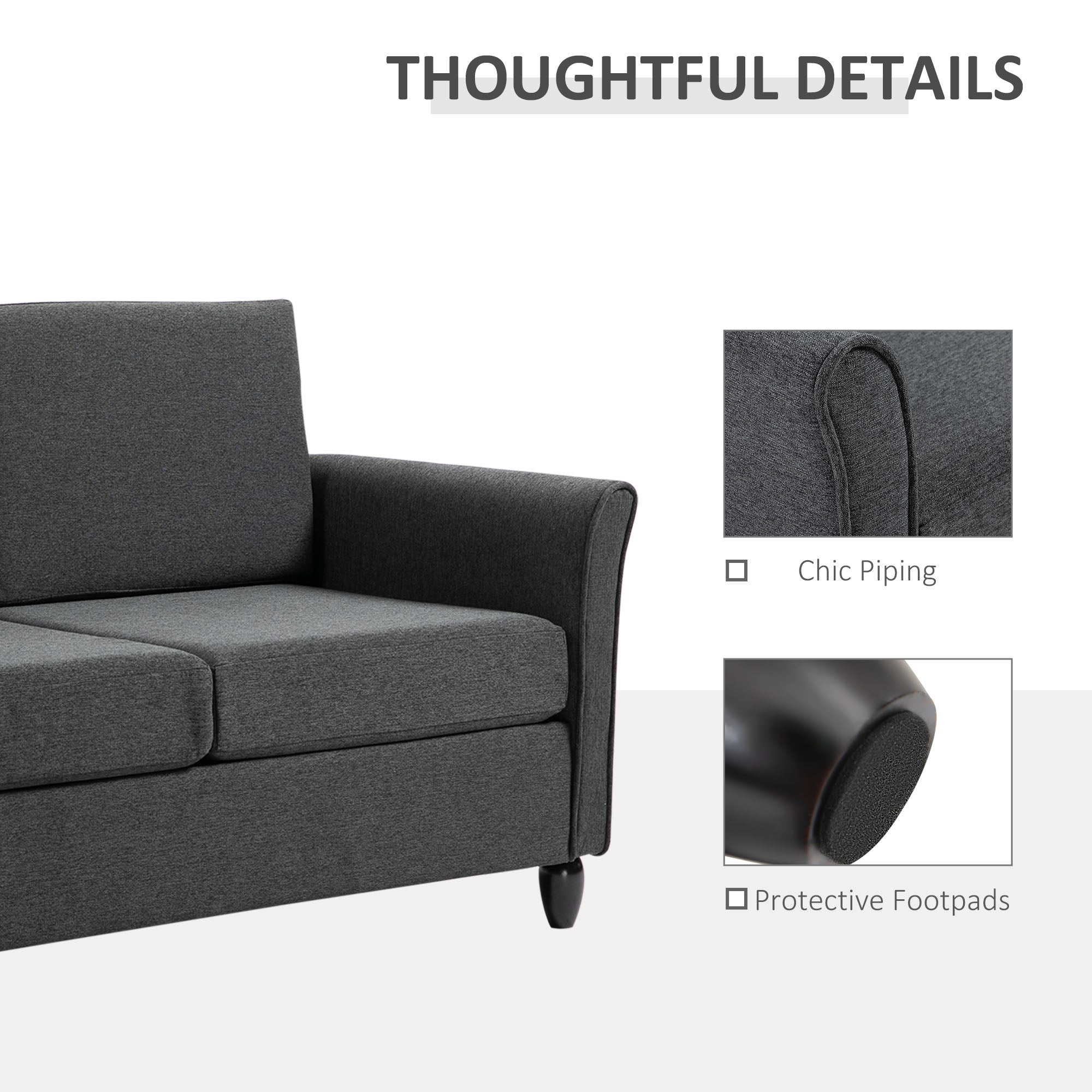 2-Seat Sofa Two-Seater Couch with Armrests and Wood Legs for Living Room, Bedroom, Dark Grey