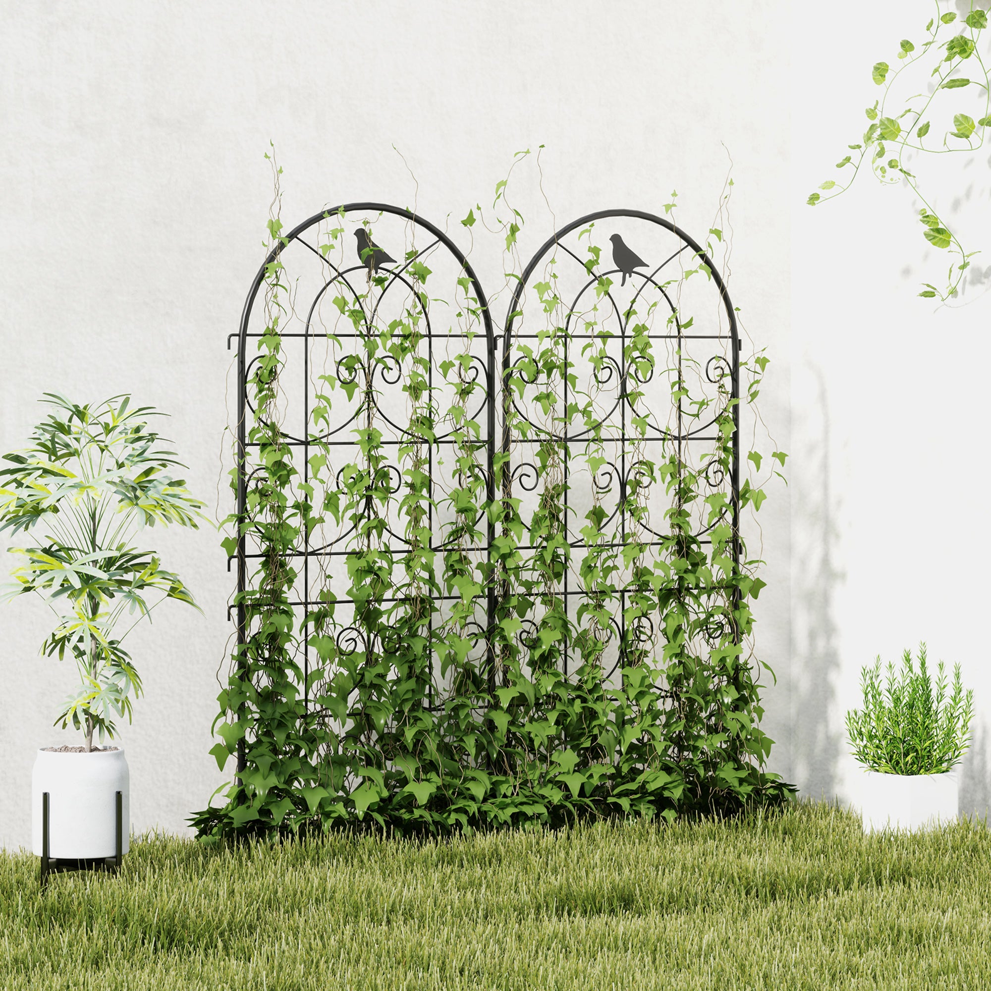 Set of 2 Metal Garden Trellis, Decorative Trellis Panels, Bird Design, 120 x 50 cm, Black