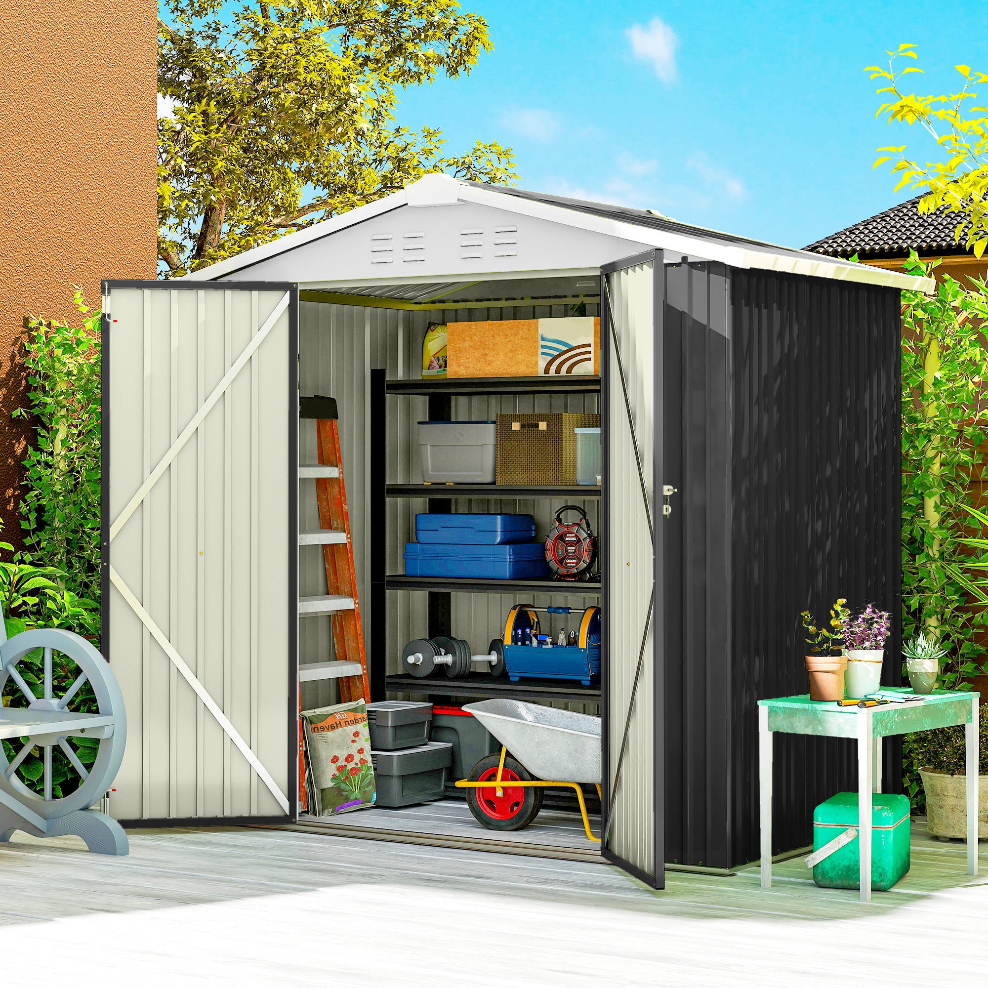 6.5' x 4'  Outdoor Storage Shed, Metal Garden Shed with Lockable Double Doors, 4 Vents, Dark Grey