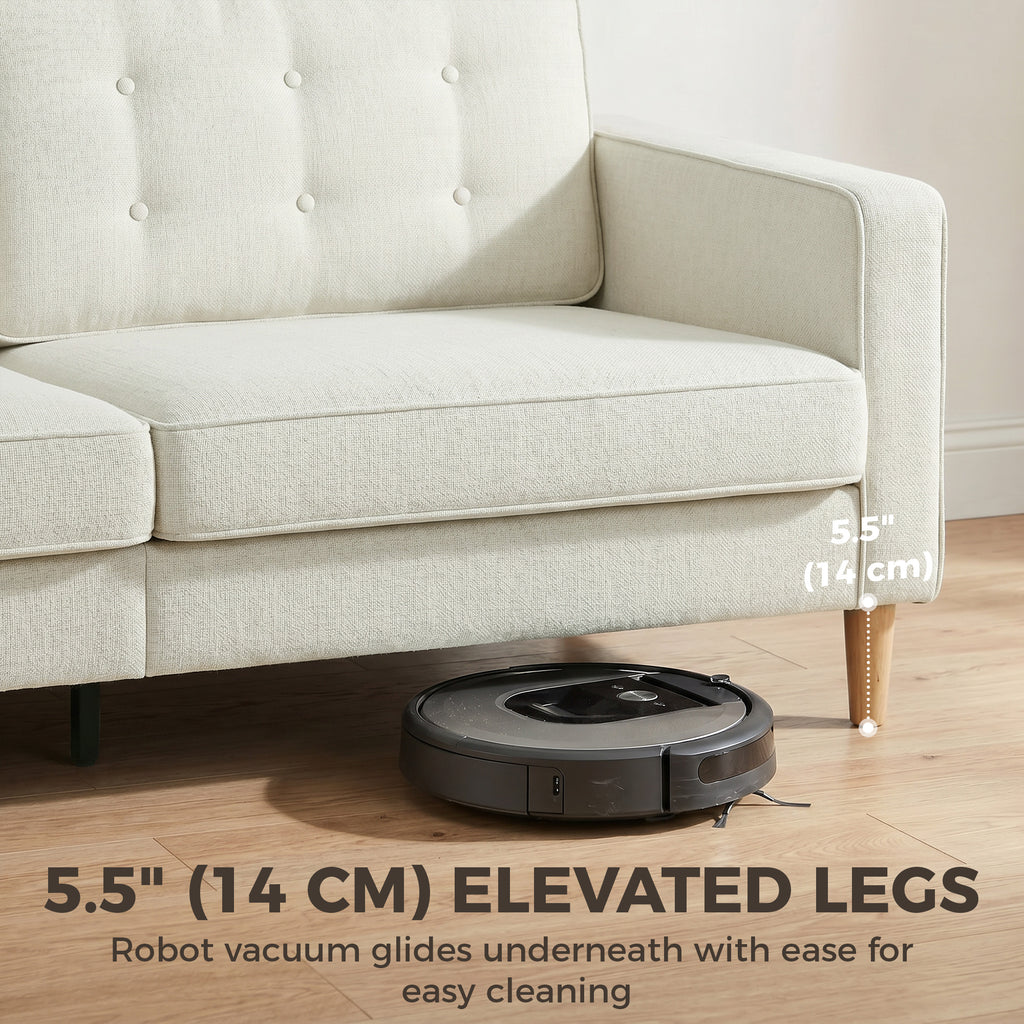3 Seater Sofa Upholstered with Padded Cushion Modern Button Tufted Couch with Wood Legs, Cream White
