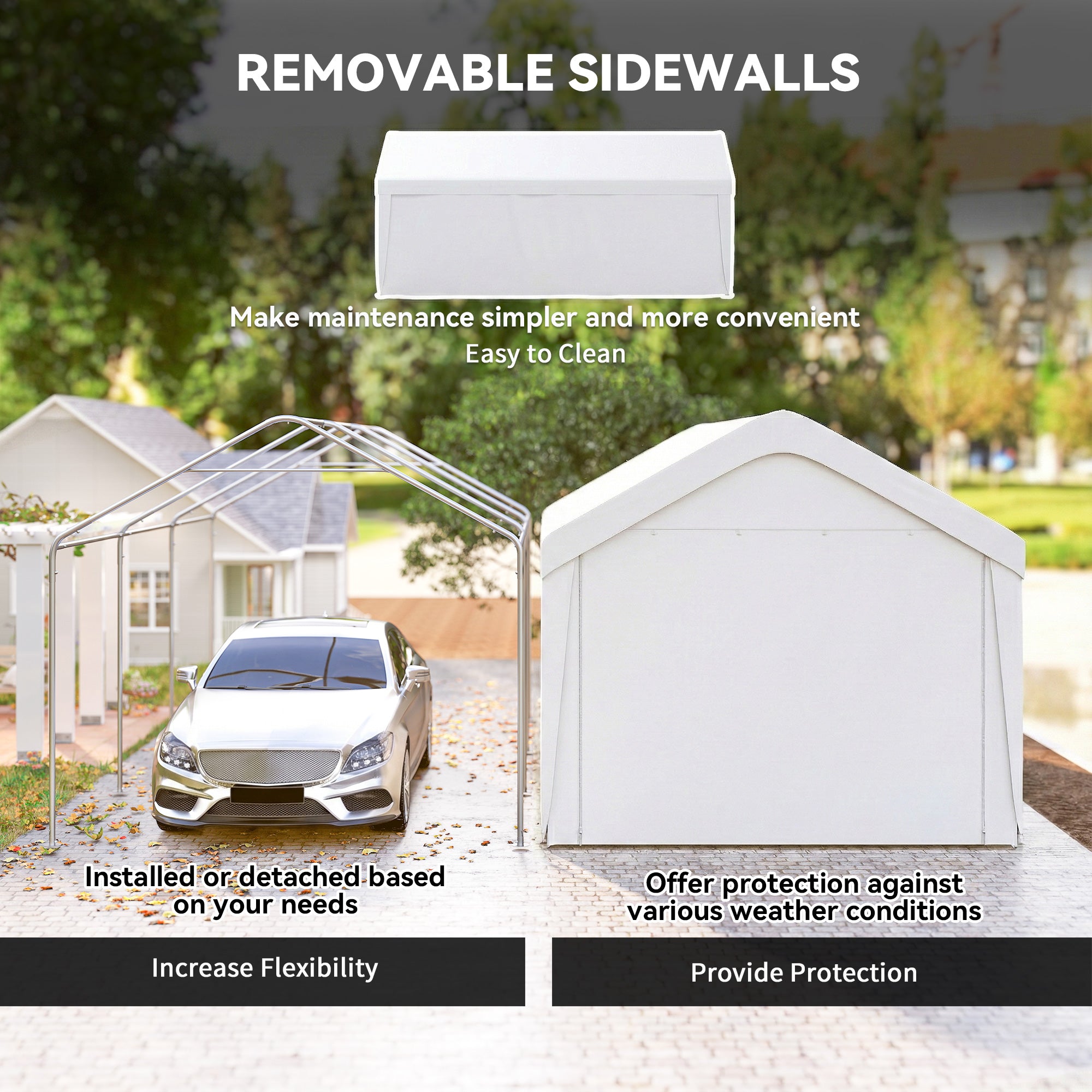Carport, 10 x 20 ft Portable Garage with 2 Roll-Up Doors and Removable Sidewalls for Car, Truck, Boat, White