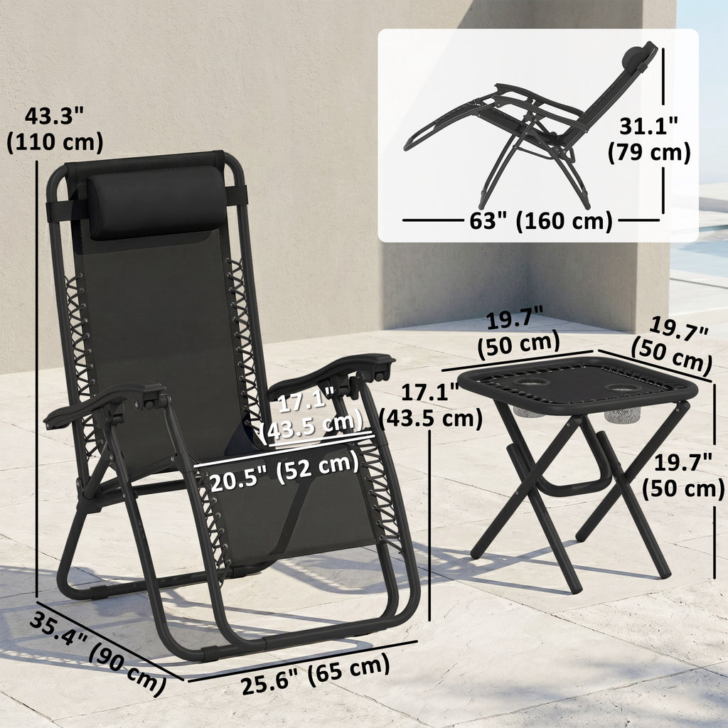 Zero Gravity Chair Set of 2 Patio Chair with Side Table Cupholders and Pillows for Pool, Backyard, Lawn, Black