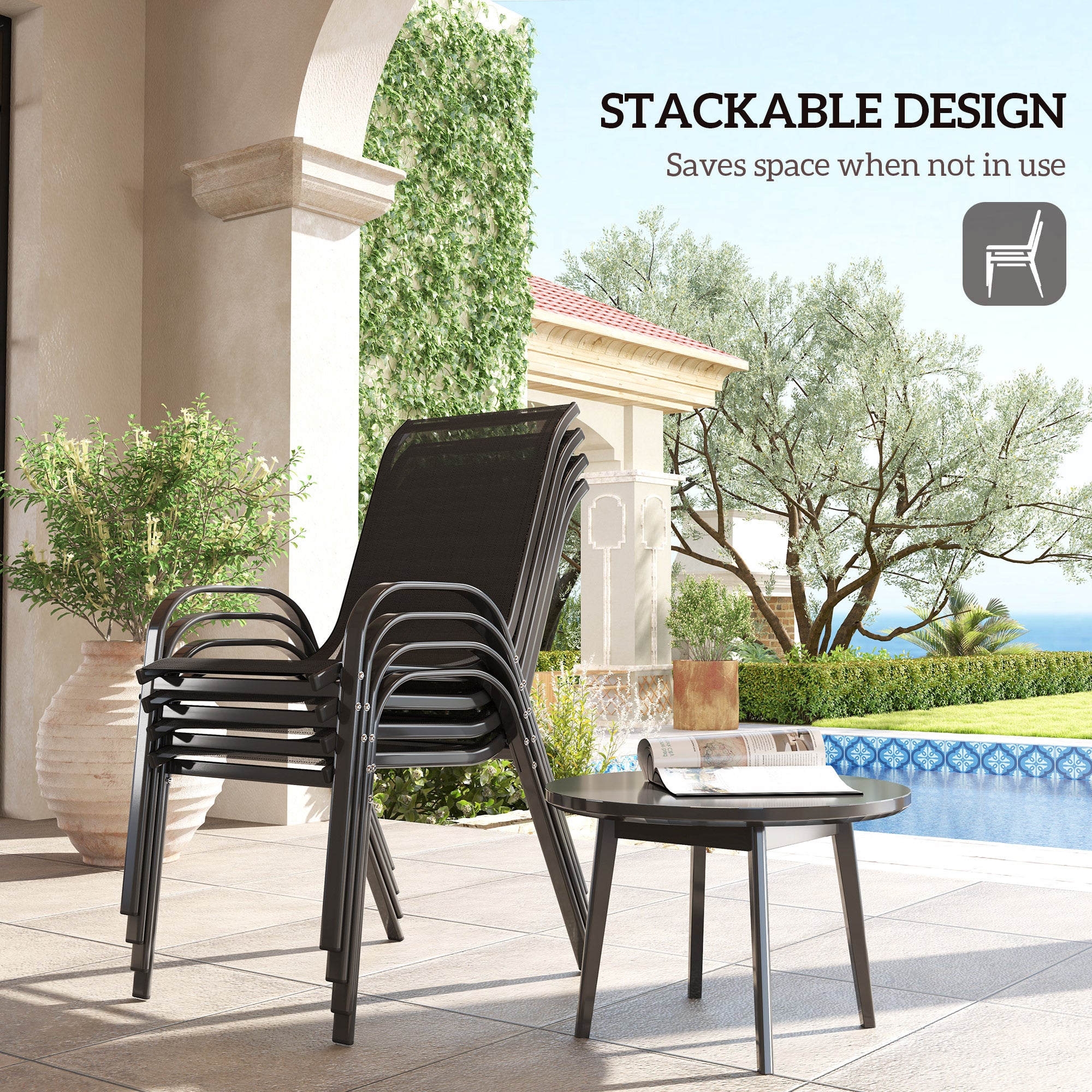 Set of 4 Outdoor Dining Chairs, Stackable Lawn Chairs with High Back, Breathable Mesh Seat for Garden Porch, Black