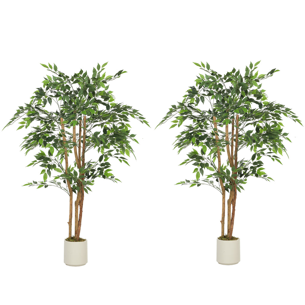 5FT Artificial Banyan Tree Set of 2, Fake Potted Tree with Solid Wood Trunk and Pot for Indoor