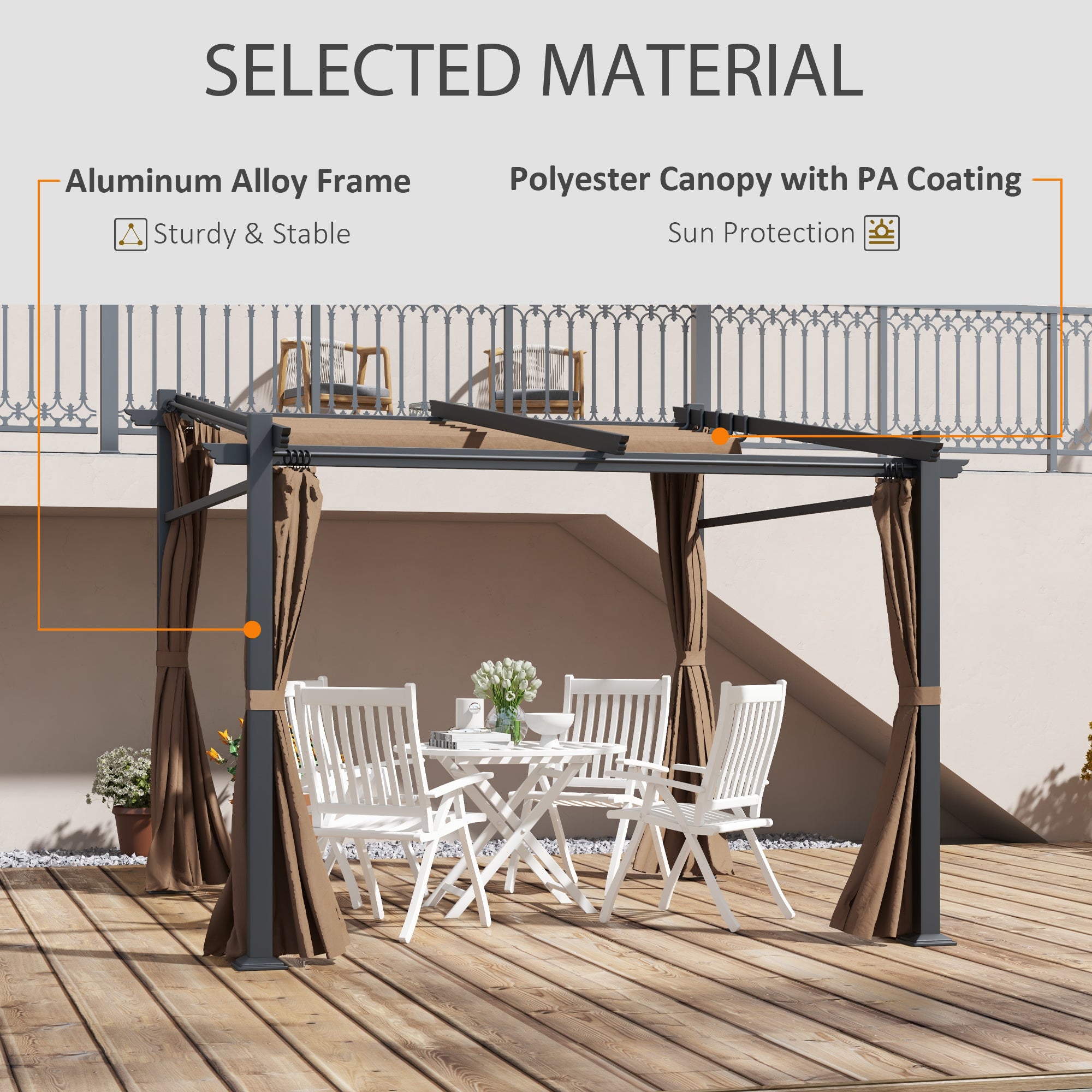 Metal Pergola with Sliding Roof Canopy, Retractable Pergola Canopy, 10' x 10', Coffee