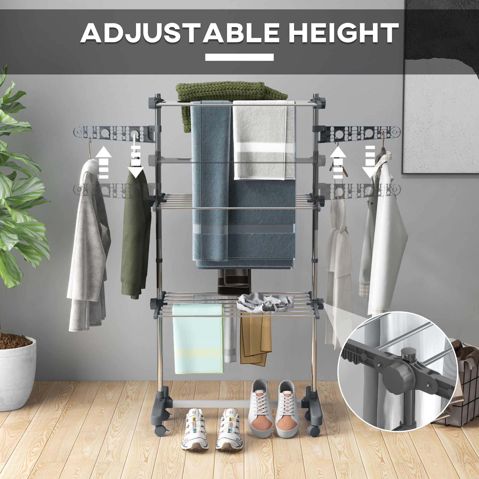 3-Tier Foldable Clothes Drying Rack, Stainless Steel Laundry Rack with 2 Side Wings and 6 Castors, Collapsible Adjustable Clothes Airer for Indoor Outdoor, Grey