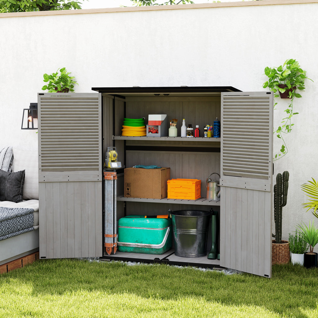 Outdoor Storage Cabinet, Wood Garden Shed with Steel Frame, Asphalt Roof, 2 Shelves and Lockable Doors, Grey