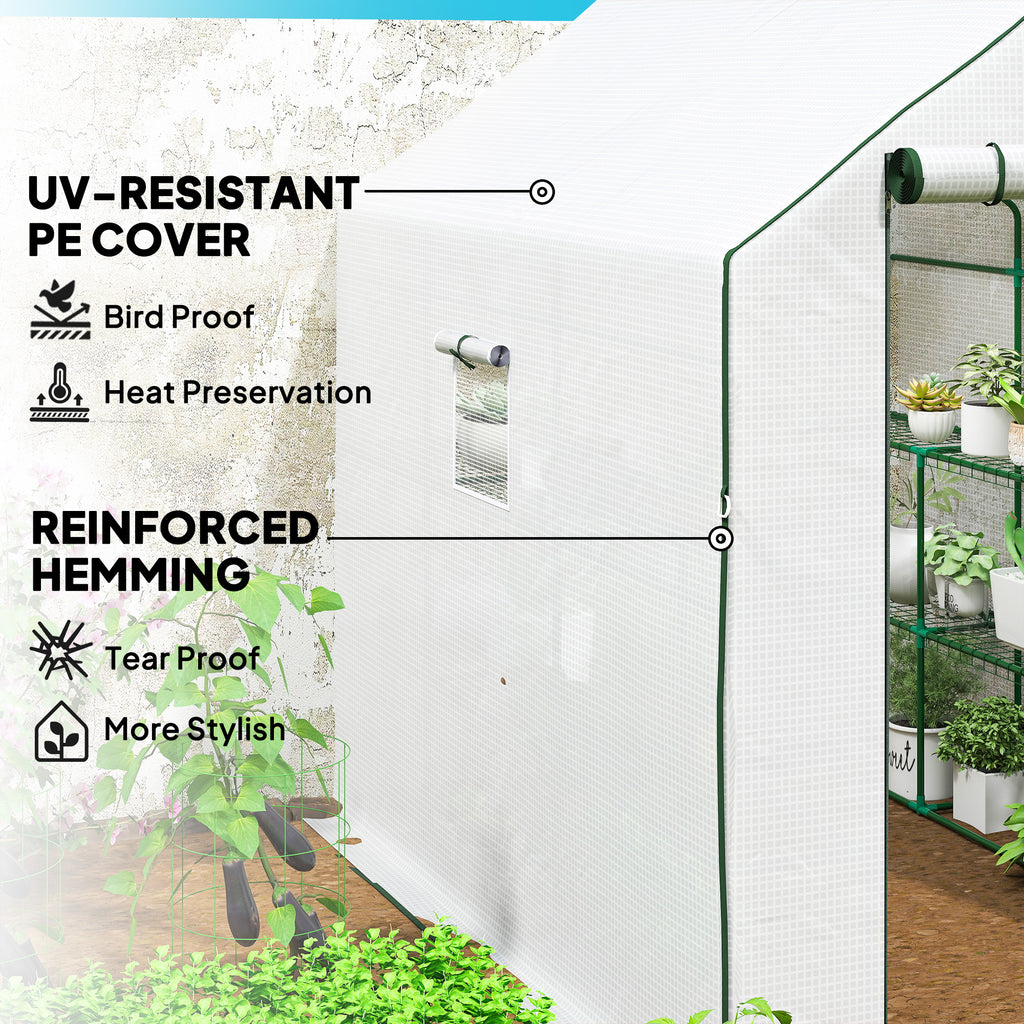 Walk-in Greenhouse with 3 Tier, Garden Plant Growhouse with Roll-up Door and Mesh Windows, 140 x 213 x 190 cm, White