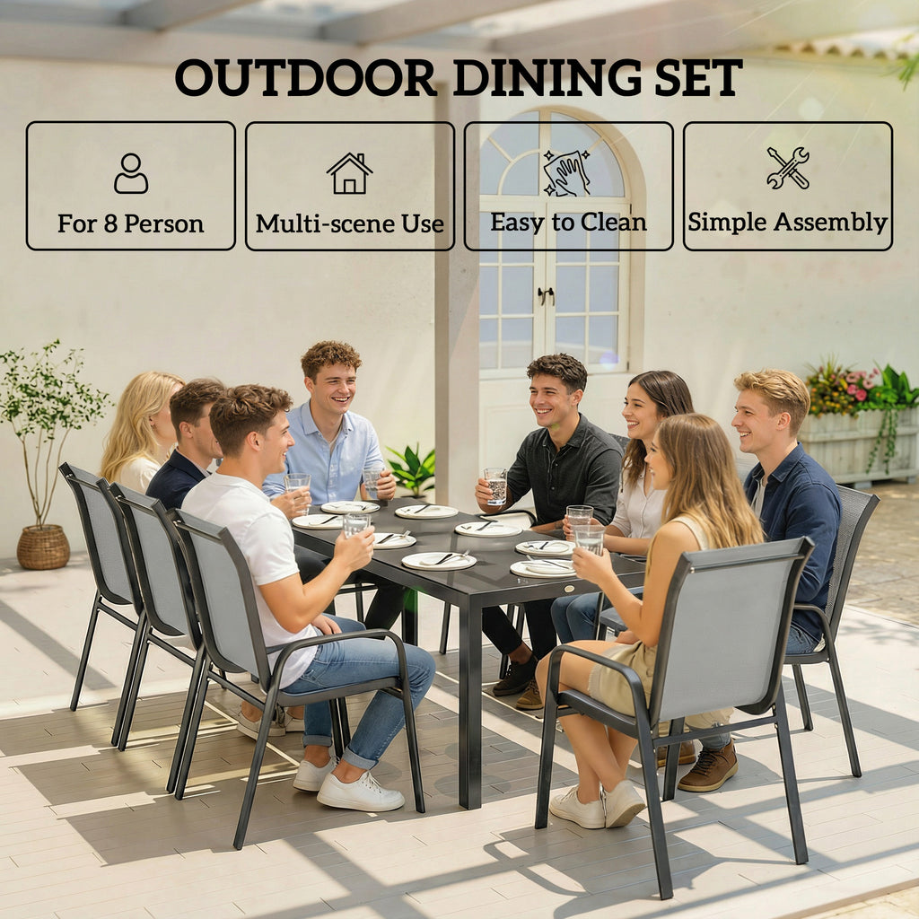9 Pieces Patio Set with Stackable Chairs, Patio Dining Set with Glass Top for Garden, Patio, Backyard, Light Grey