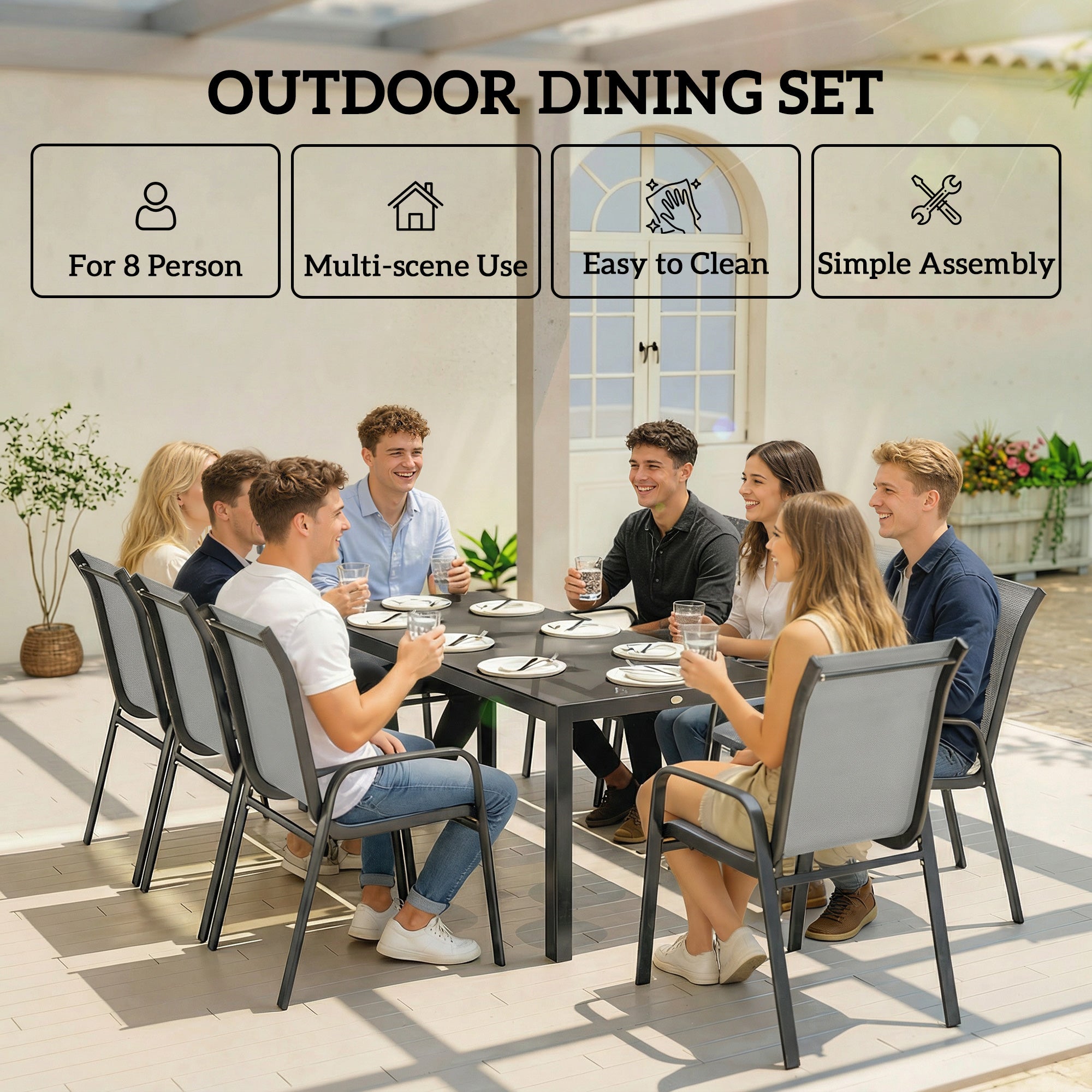9 Pieces Patio Set with Stackable Chairs, Patio Dining Set with Glass Top for Garden, Patio, Backyard, Light Grey