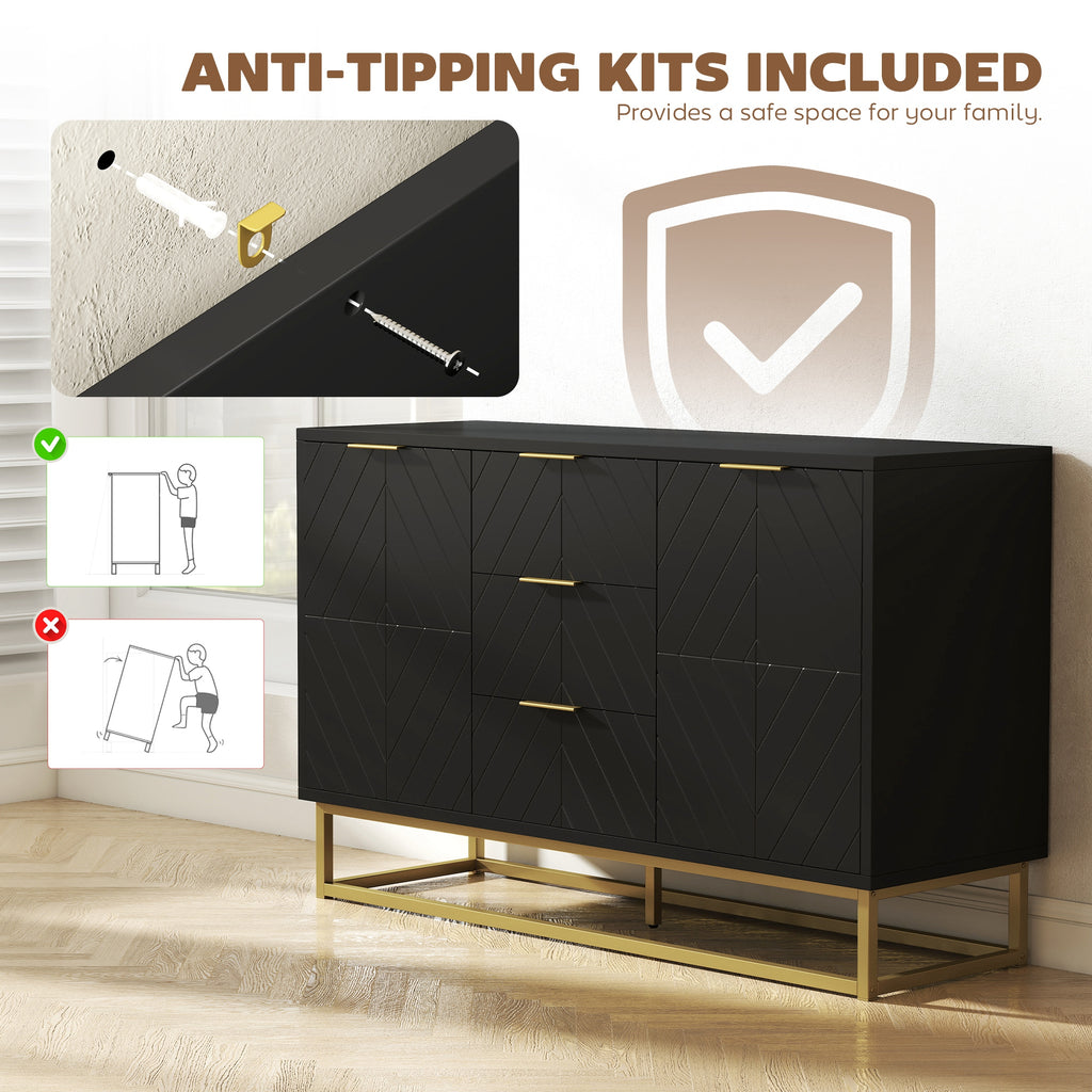 Sideboard Storage Cabinet with 3 Drawers, Adjustable Shelves and Doors, Kitchen Buffet Cabinet for Dining Room, Black