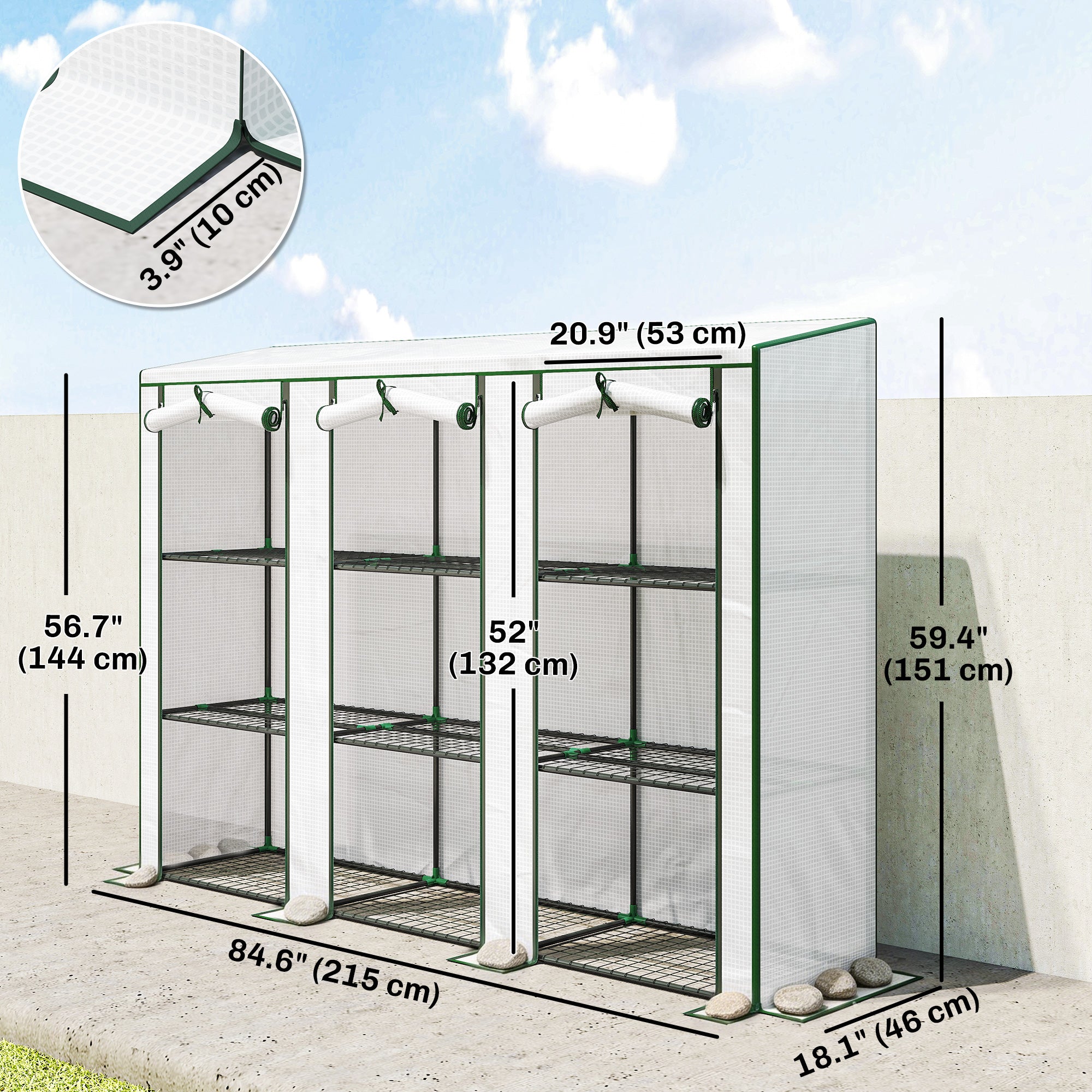 Lean-to Greenhouse with 3 Tier Shelves, Mini Greenhouse with 3 Roll-Up Doors for Indoor Outdoor, White
