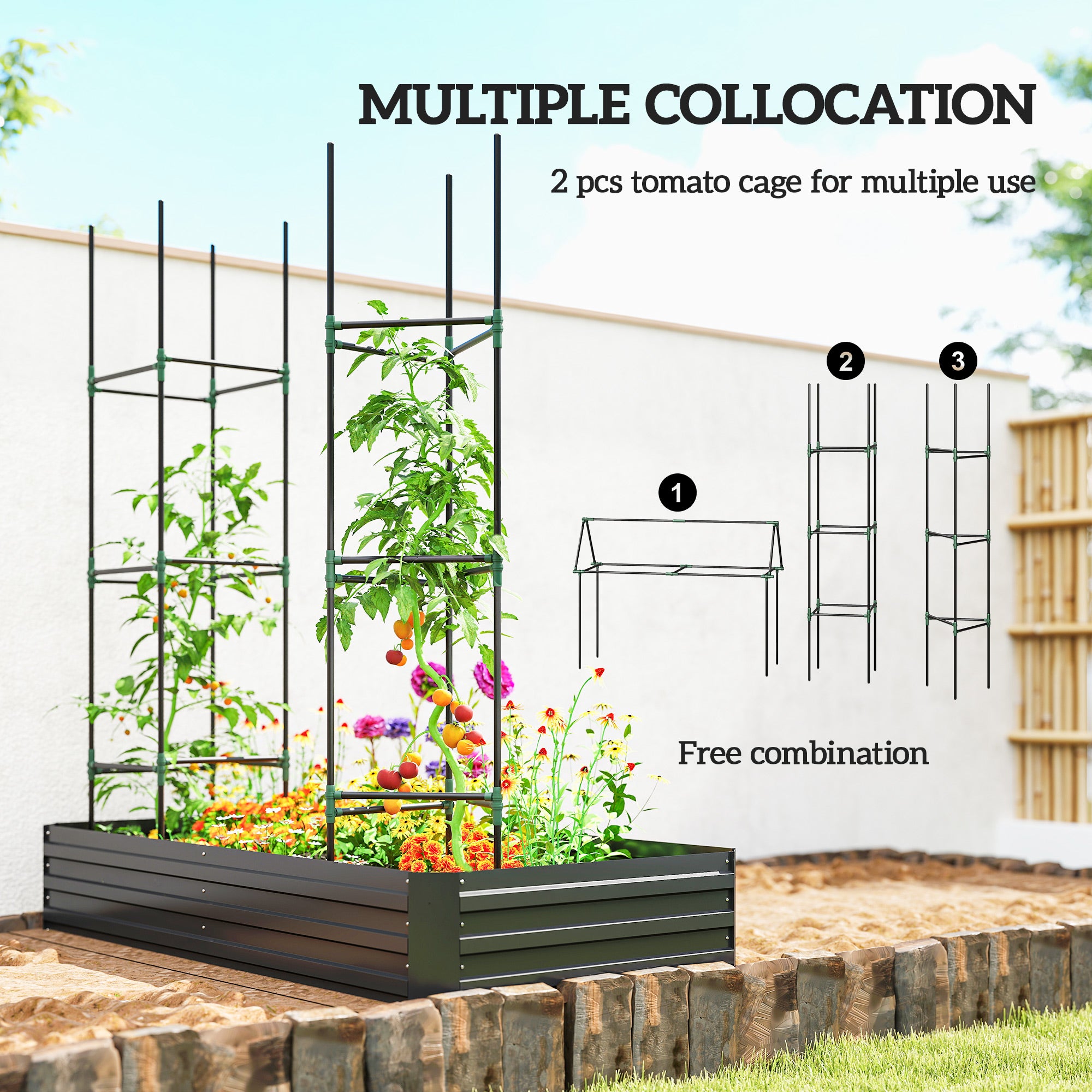6' x 3' x 1' Raised Garden Bed with 2 Trellis Tomato Cages, Steel Frame Elevated Planter Box, Black
