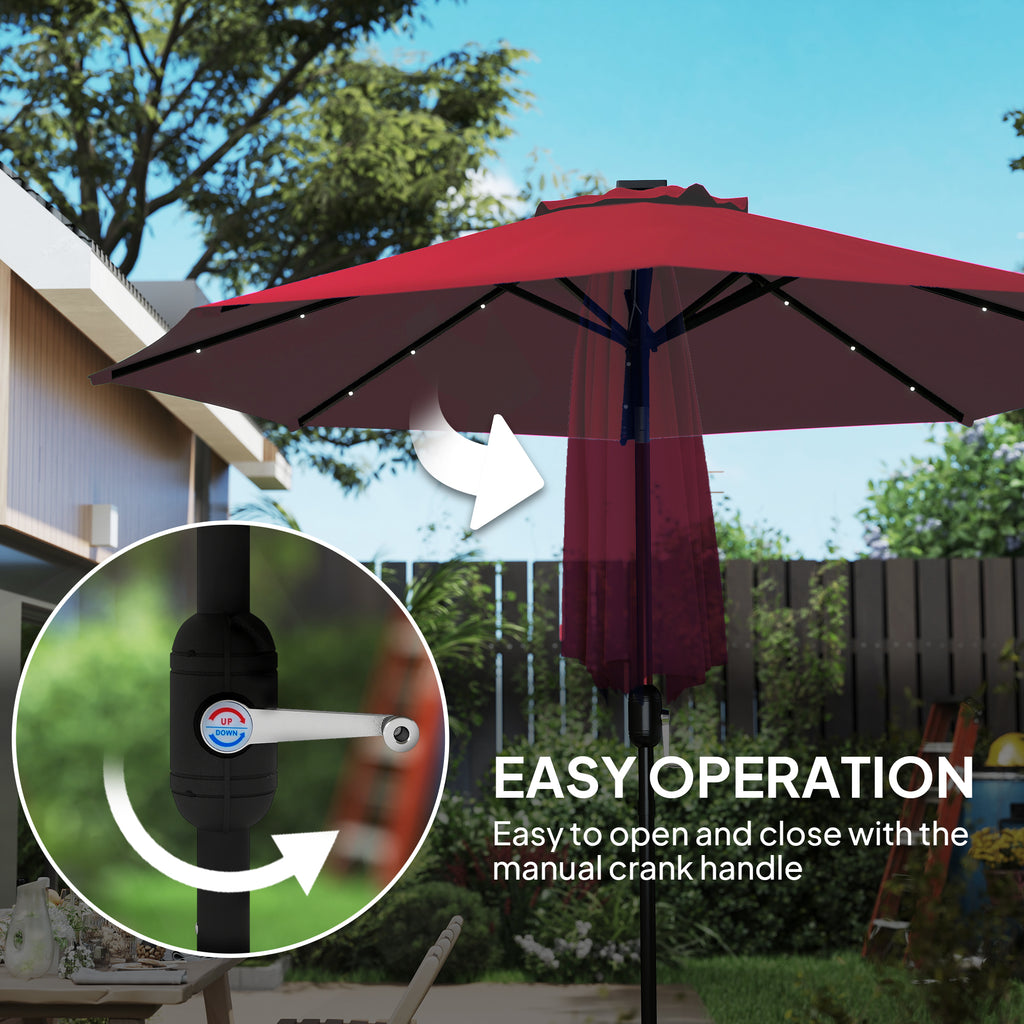 9ft Solar Patio Umbrella Outdoor Sunshade 24 LED Lights Tilt Canopy Wine Red