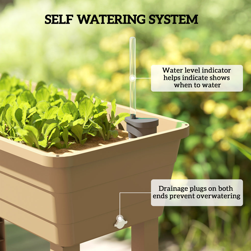 41L Self Watering Raised Garden Bed w/ Ventilation Transparent Lid Greenhouse, Planter Box w/ Storage Shelf, Brown