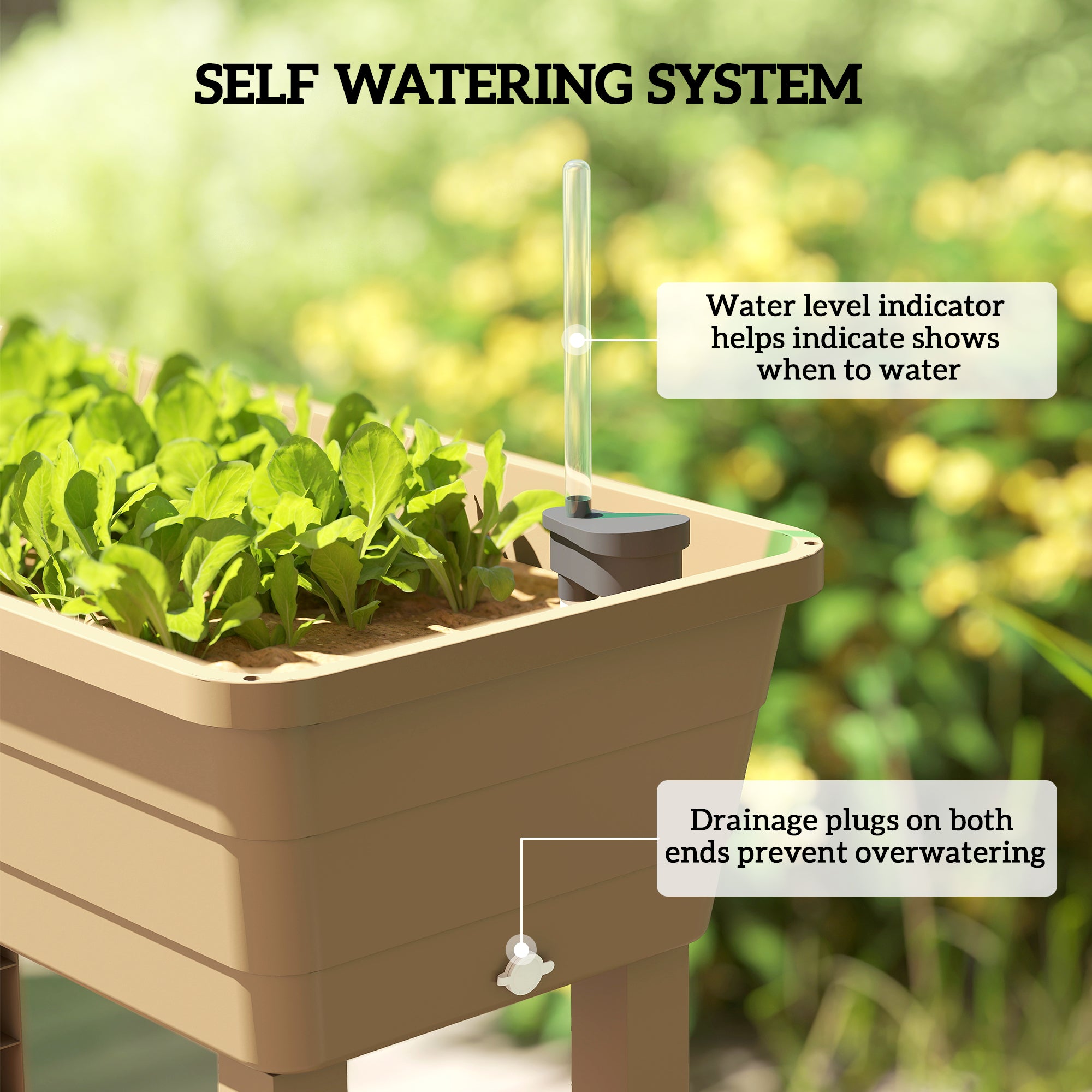 41L Self Watering Raised Garden Bed w/ Ventilation Transparent Lid Greenhouse, Planter Box w/ Storage Shelf, Brown