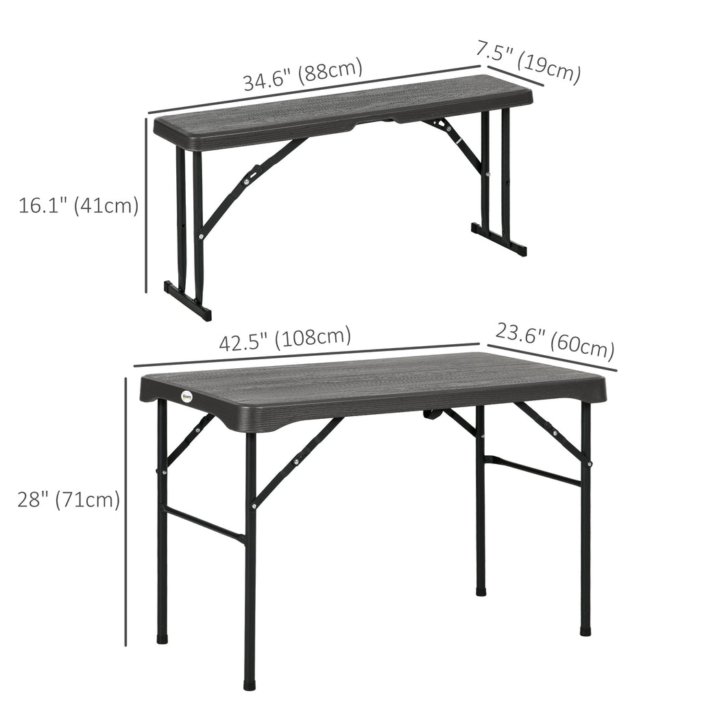 Folding Picnic Table with 2 Benches, 3-Piece Portable Outdoor Picnic Table Bench Set for 4, Patio Dining Table Set with Plastic Top, Steel Frame for Garden, Dark Grey