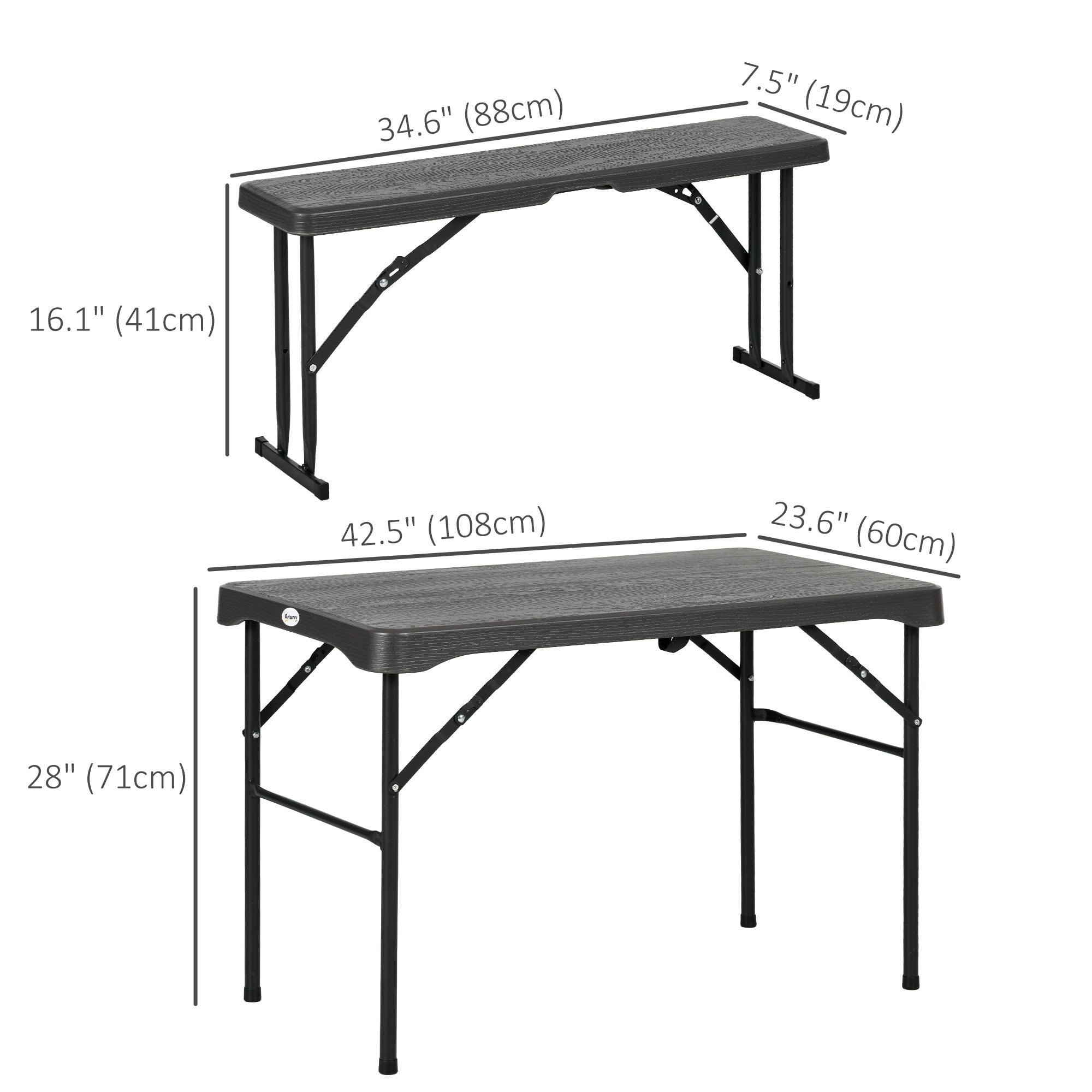 Folding Picnic Table with 2 Benches, 3-Piece Portable Outdoor Picnic Table Bench Set for 4, Patio Dining Table Set with Plastic Top, Steel Frame for Garden, Dark Grey
