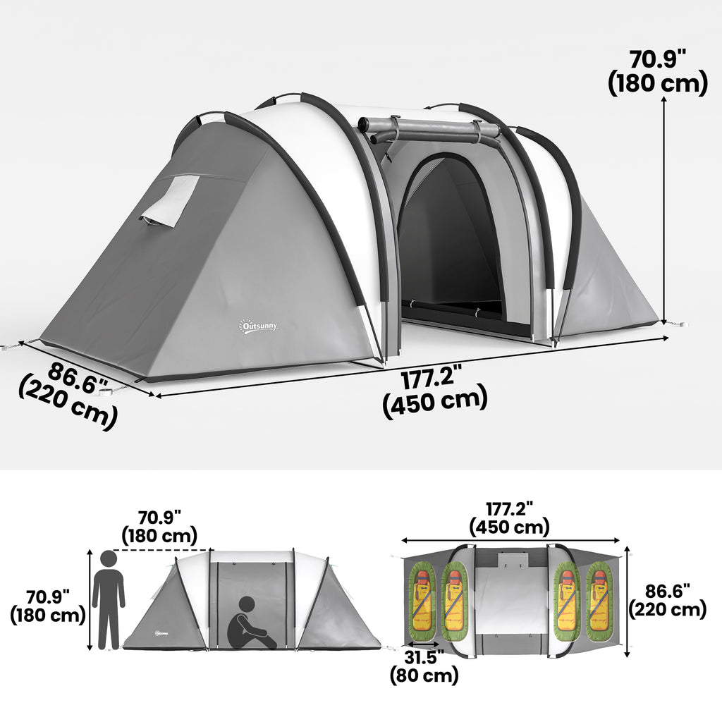 Camping Tent with 2 Bedrooms and Living Area, 3000mm Waterproof Family Tent, for Fishing Hiking Festival, Grey