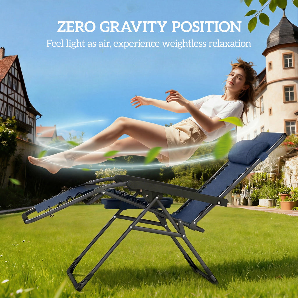 Zero Gravity Chair Set of 2, Folding Reclining Outdoor Lounge Chair with Cup Holder, Headrest, Dark Blue