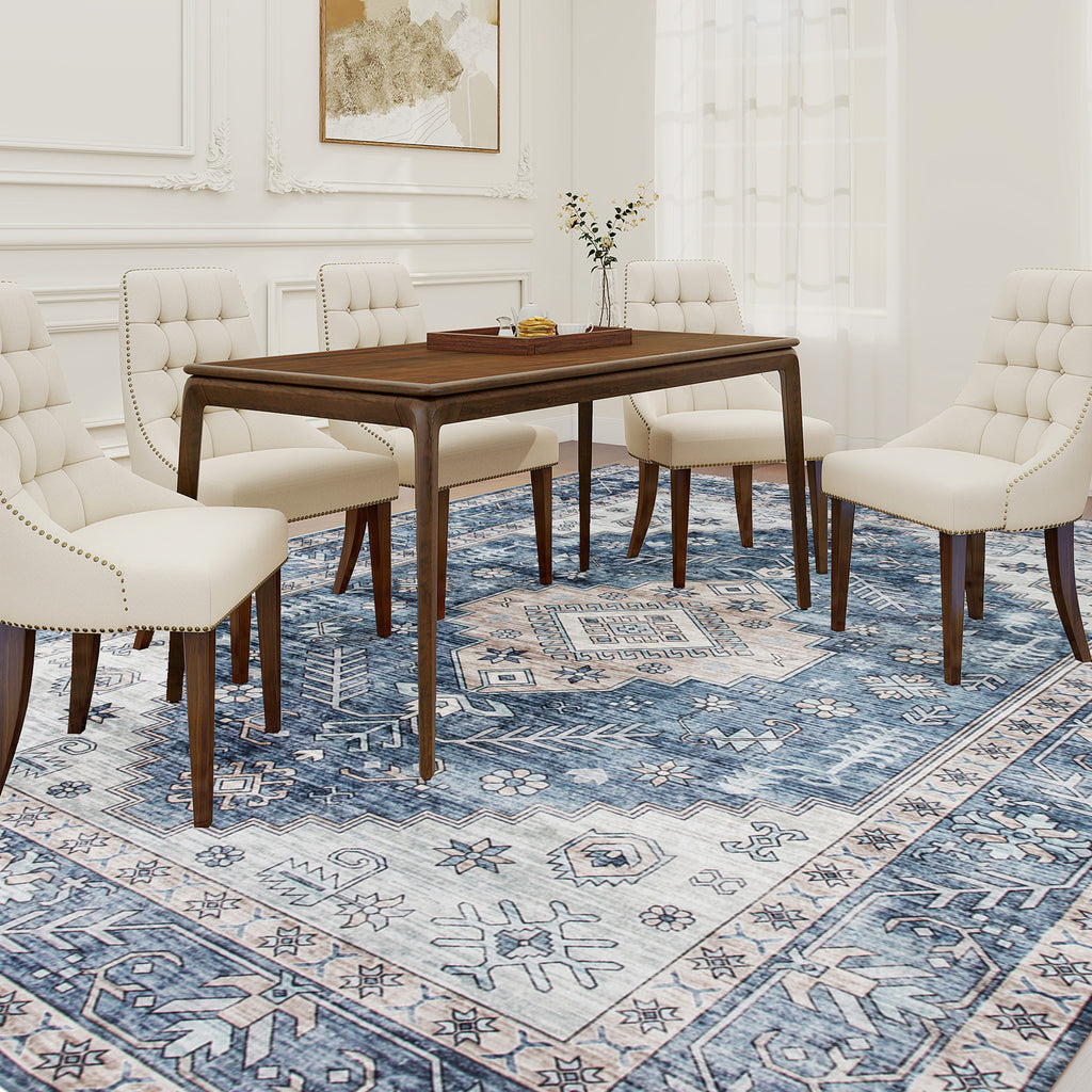9x12 Area Rug, Vintage Machine Washable Rug, Non-Slip Floor Carpet for Living Room, Bedroom, Dining Room, Blue