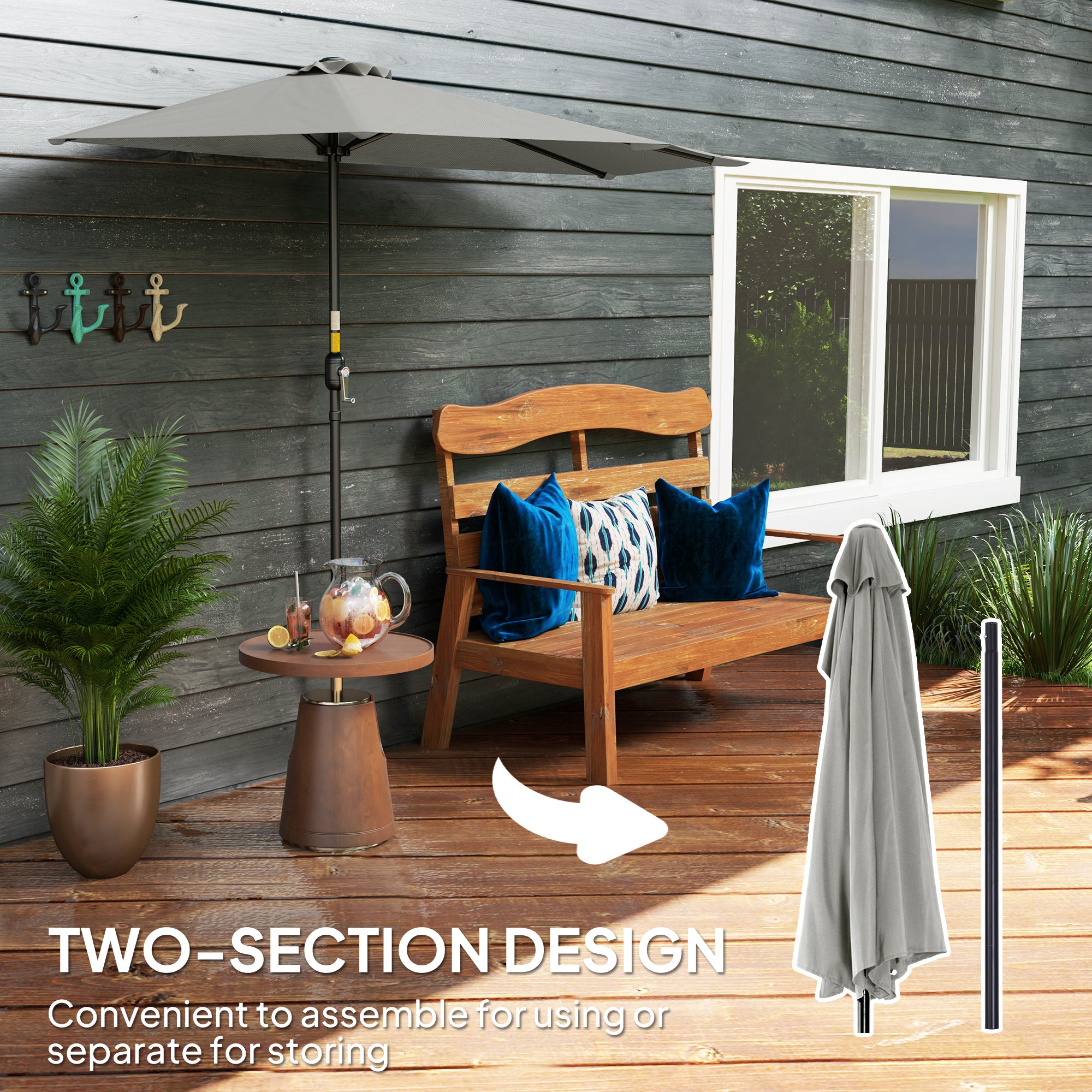 9ft Half Round Umbrella Outdoor Patio Garden Balcony Parasol Window Sun Shade w/ 5 Ribs Light Grey