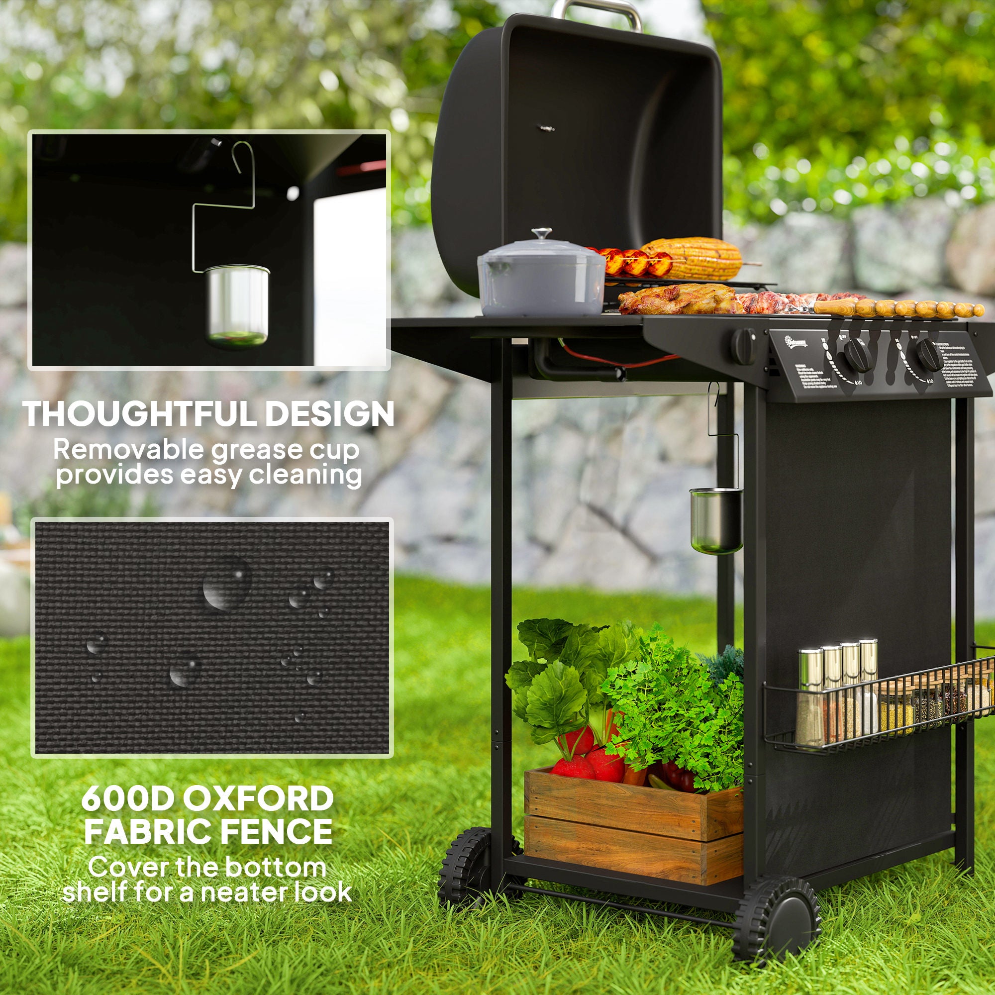 2+1 Burner Propane Gas BBQ Grill, Portable Gas Barbecue Grill with Side Burner, Thermometer, Lid, Side Table, Shelf, Spice Rack, Wheels, Grease Cup for Garden, Black