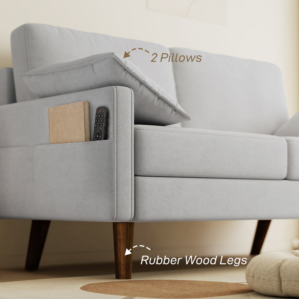 3 Seater Sofa, Velvet Upholstered Couch with Spring Cushions, Rubber Wood Legs and 2 Pillows, Grey