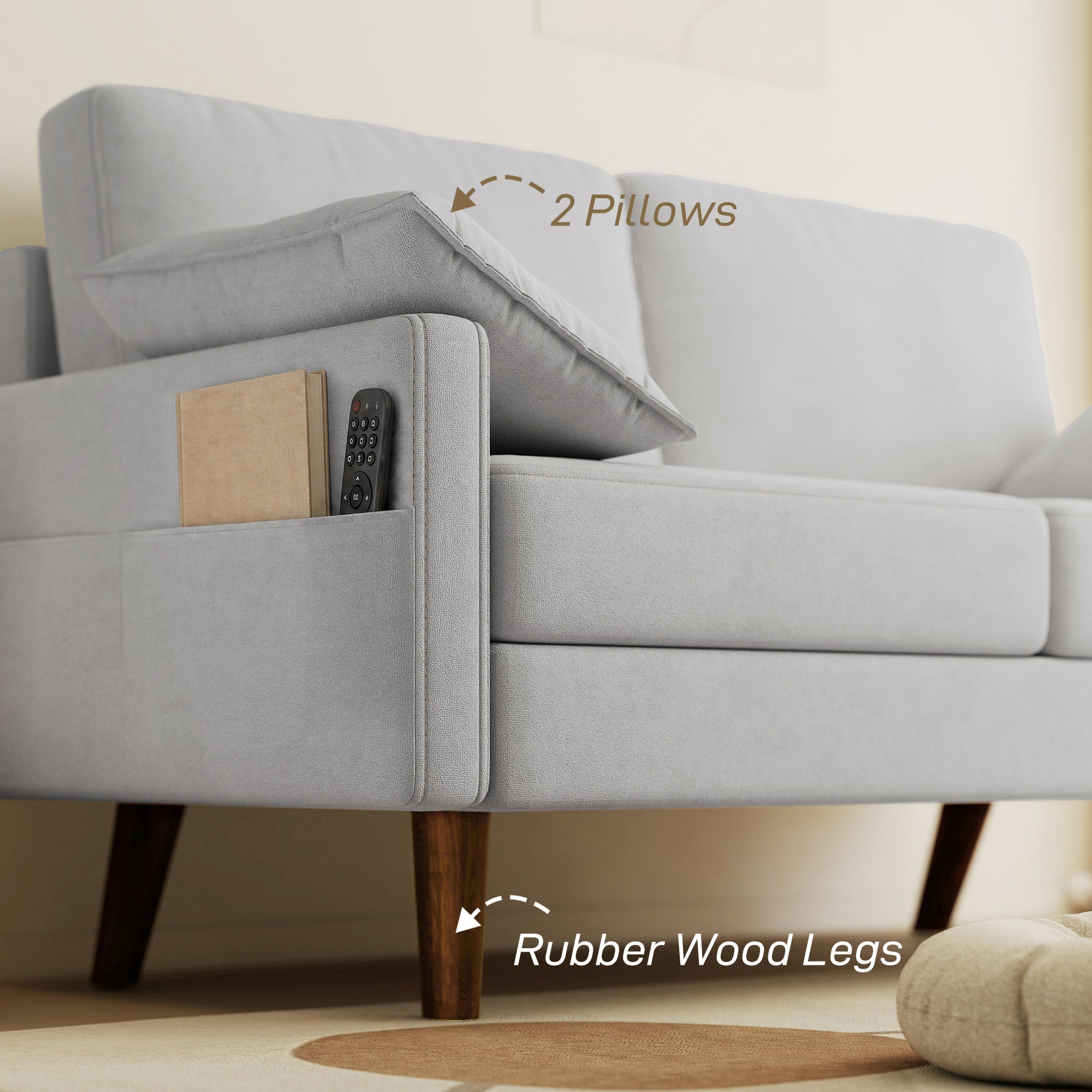 3 Seater Sofa, Velvet Upholstered Couch with Spring Cushions, Rubber Wood Legs and 2 Pillows, Grey