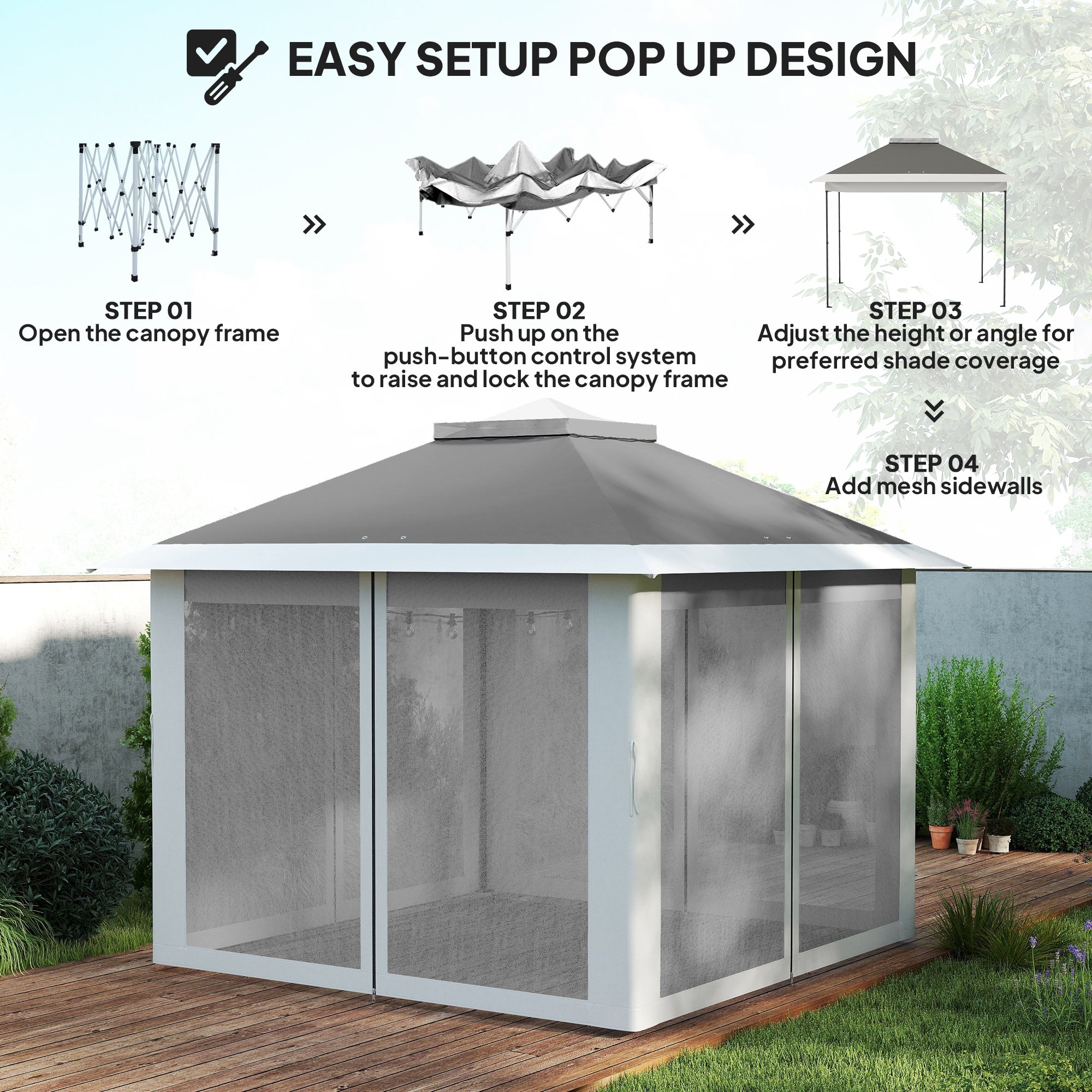 11' x 11' Pop Up Gazebo, Double Roof Foldable Height Adjustable Canopy Tent with Mesh Sidewalls, Carrying Bag, Dark Grey