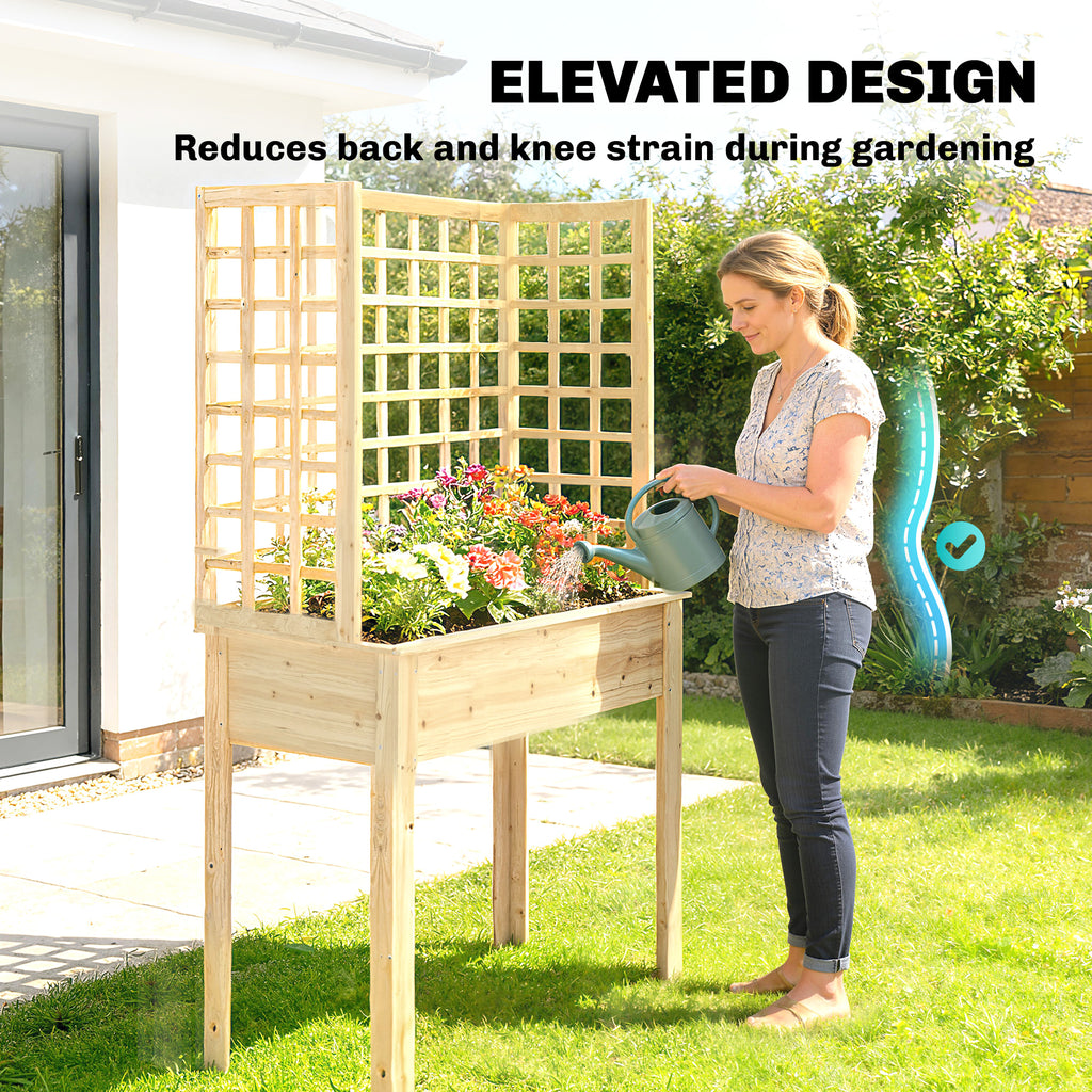 Wooden Raised Garden Bed with 3 Trellises, Outdoor Raised Planter with Drainage Holes